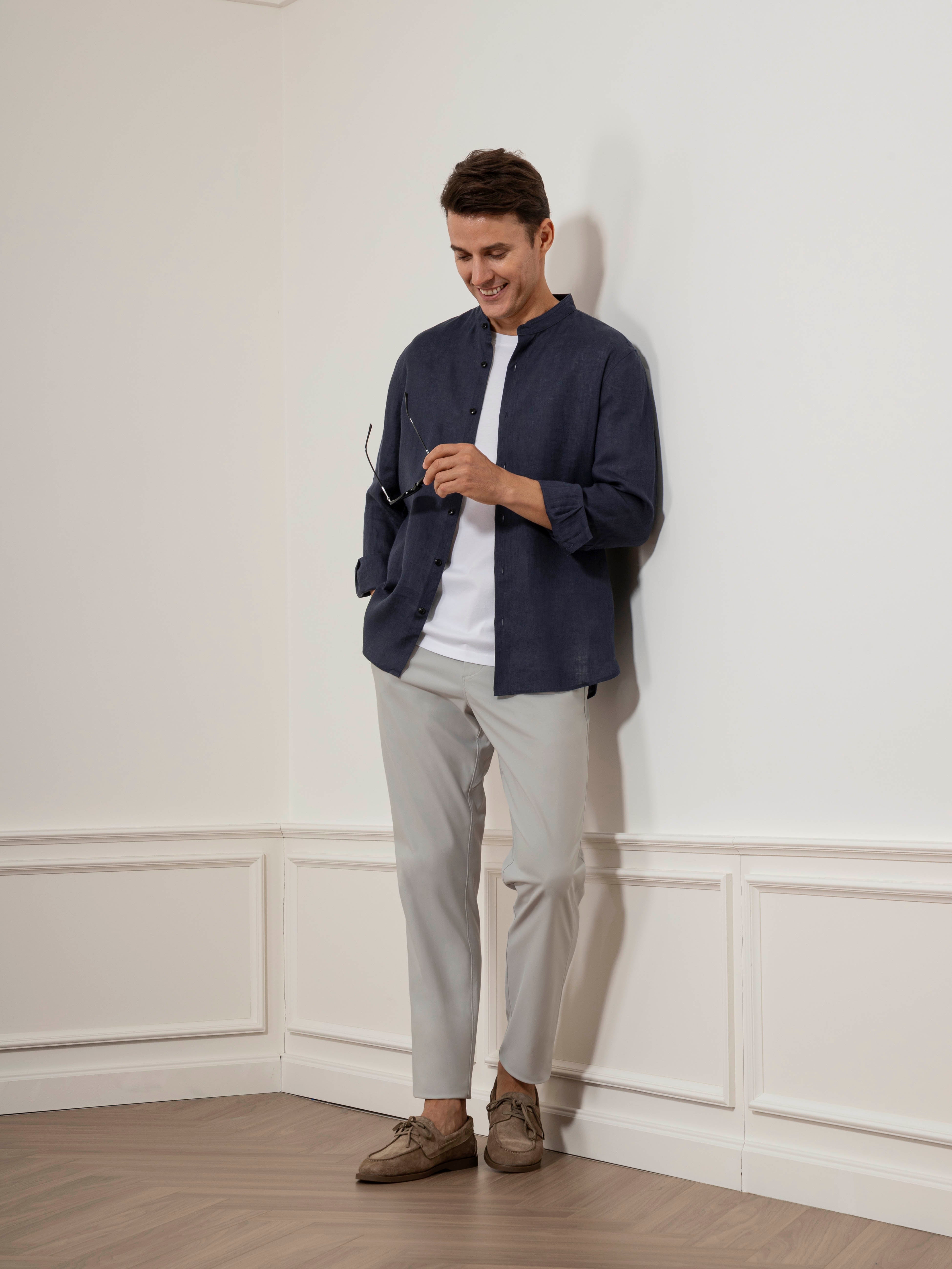 Dk Navy Aleks Linen Shirt Mens Band Collar Linen Button Up Dress Shirt