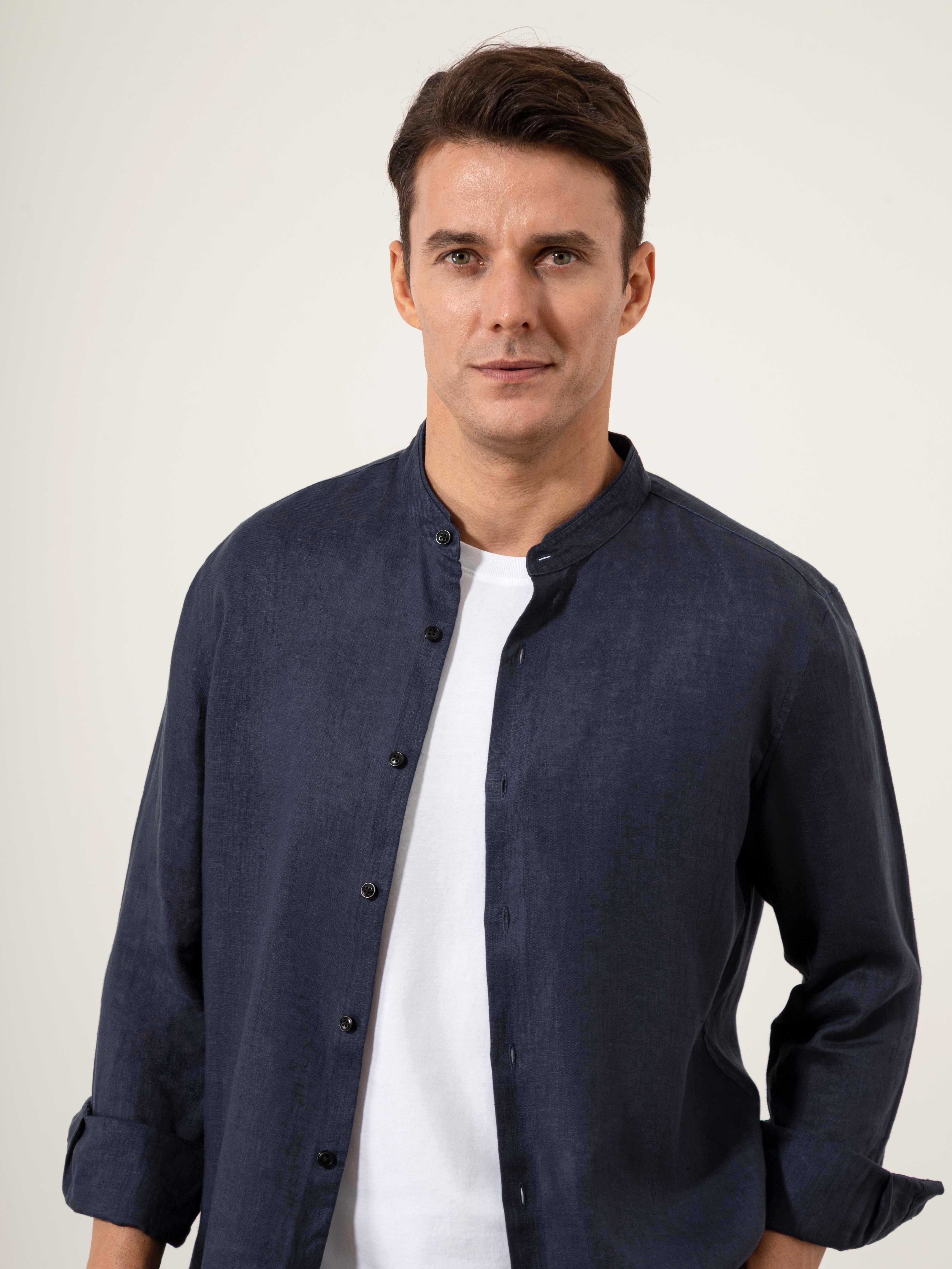 Dk Navy Aleks Linen Shirt Mens Band Collar Linen Button Up Dress Shirt