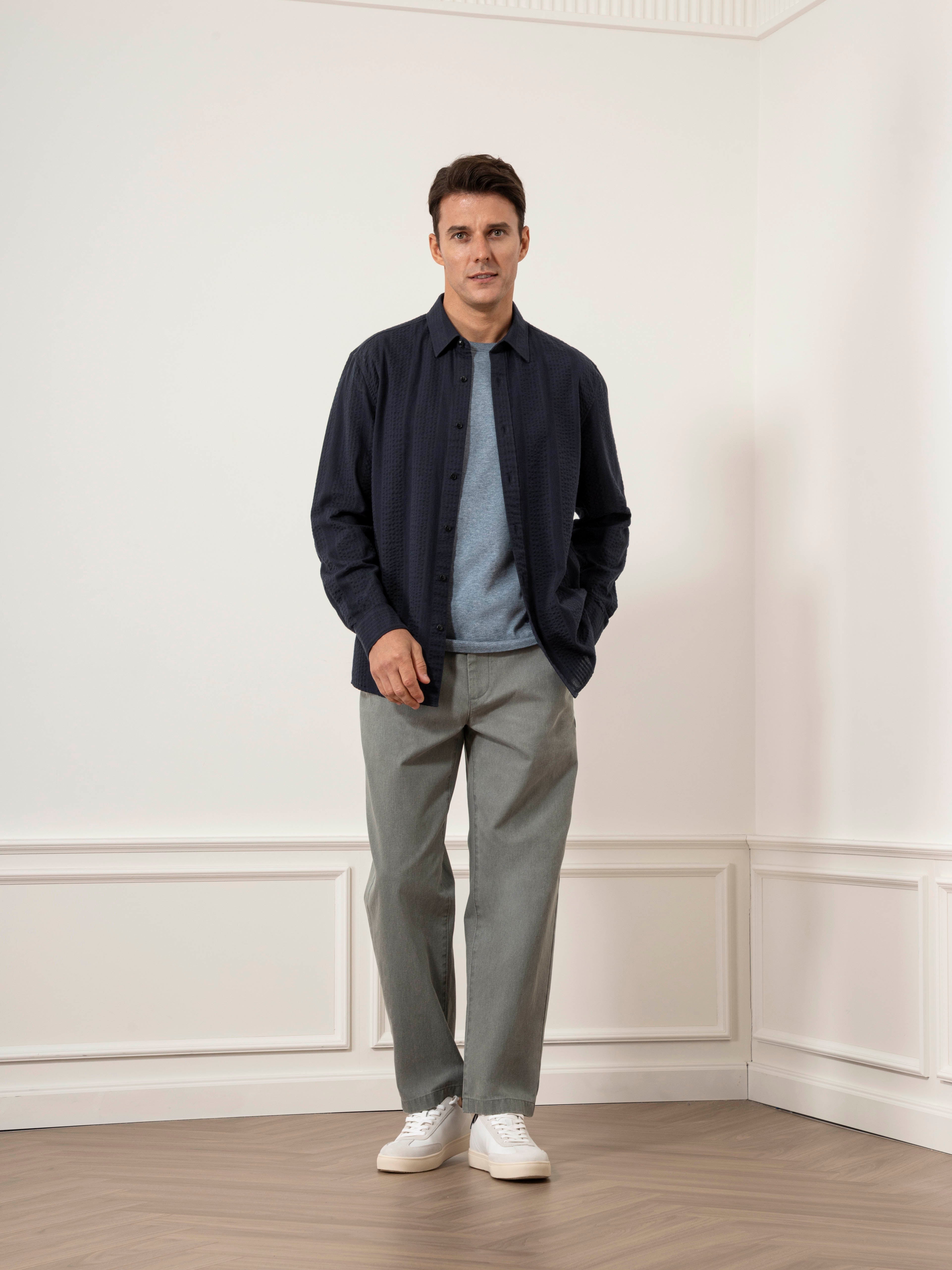 Dk Navy Varick Dobby Stripe Overshirt Mens Button Up Woven Shirt Seersucker Fabric Collared Shirt