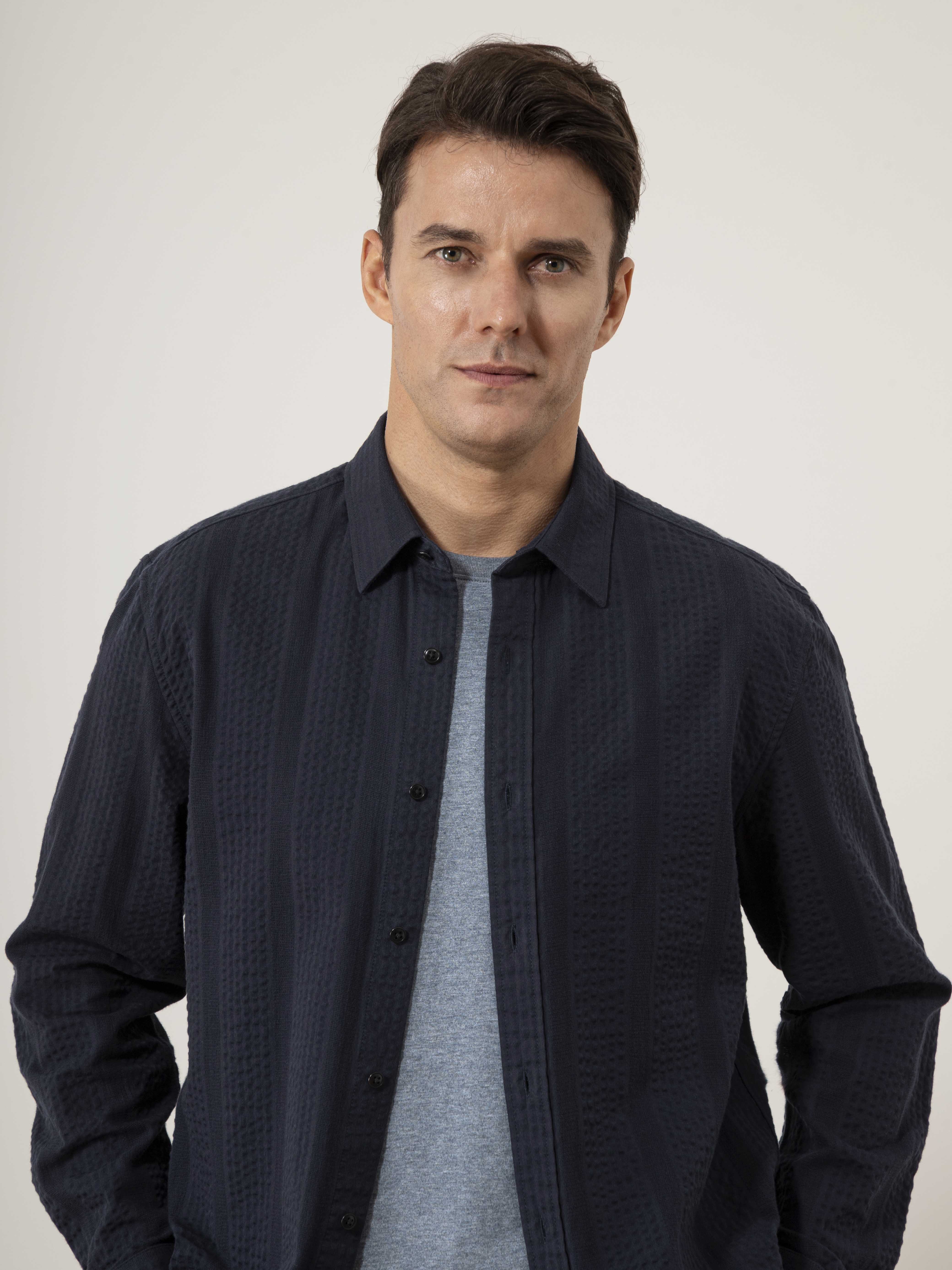 Dk Navy Varick Dobby Stripe Overshirt Mens Button Up Woven Shirt Seersucker Fabric Collared Shirt