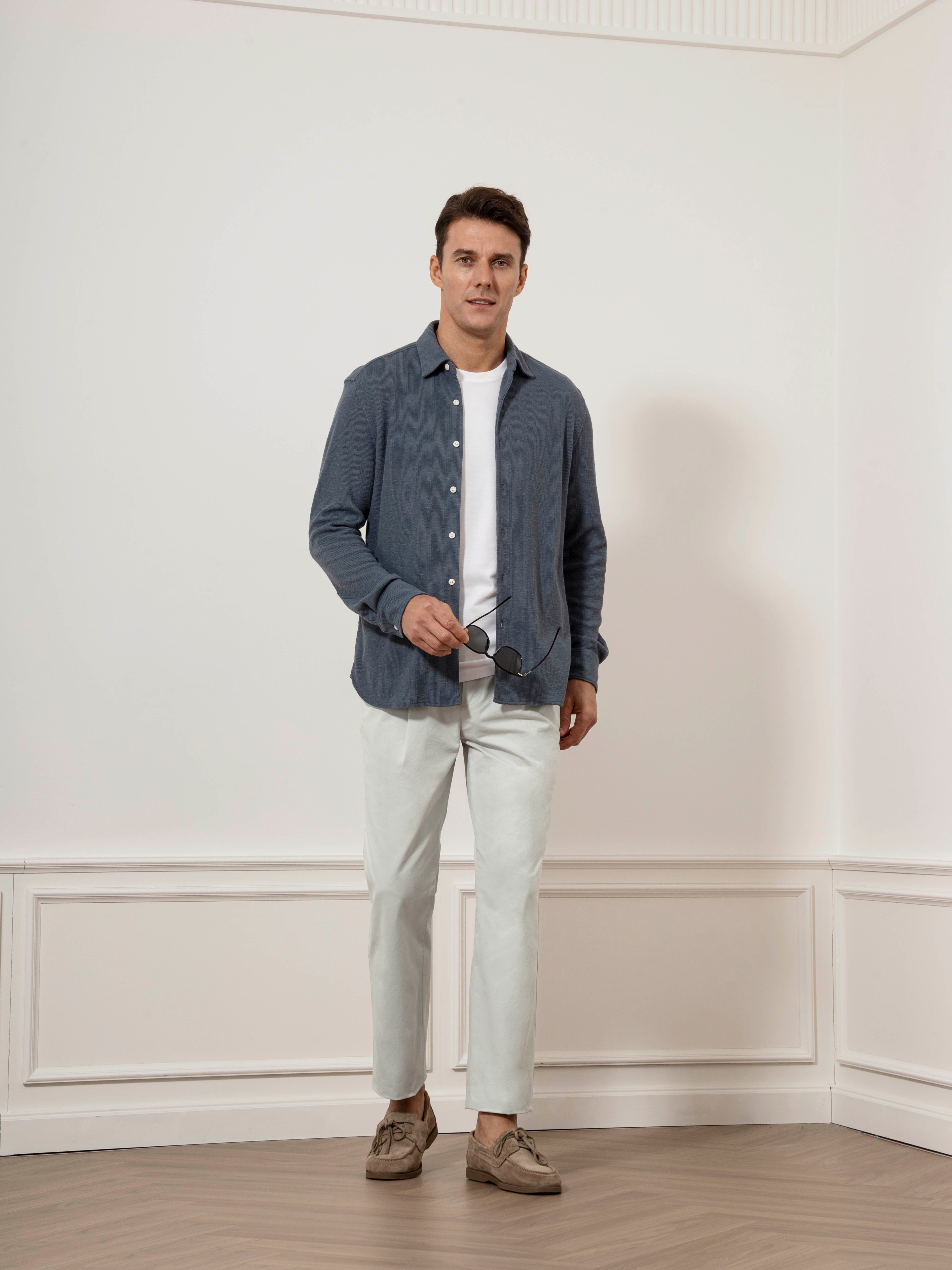 Iron Blue Darcy Ribbed Knit Shirt Mens Knitted Button Up Dress Shirt Mens Casual Long Sleeve Shirt Point Collar