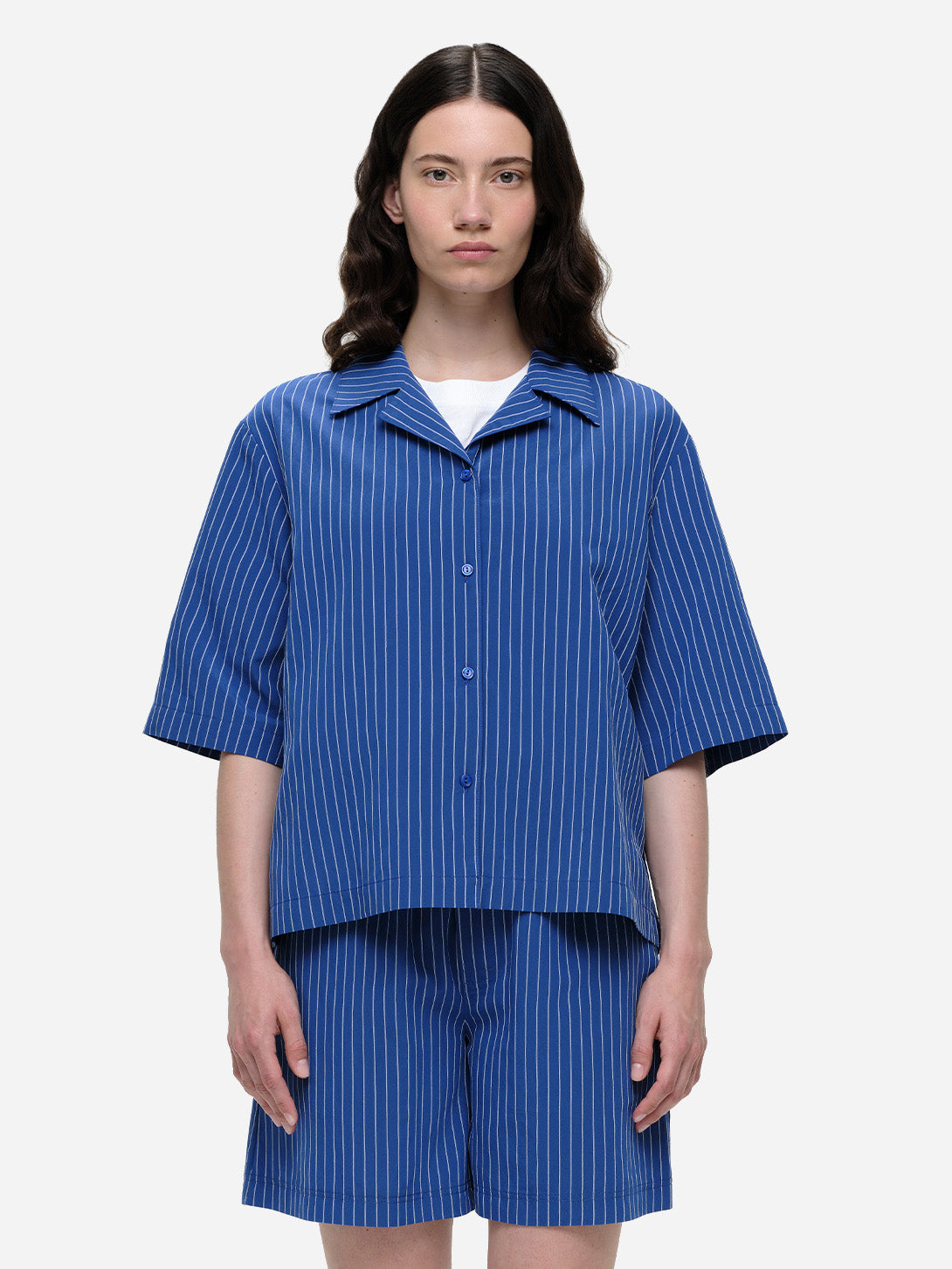 Electric Blue Tulla Womens Camp Collar Striped Shirt Short Sleeve Our Sister