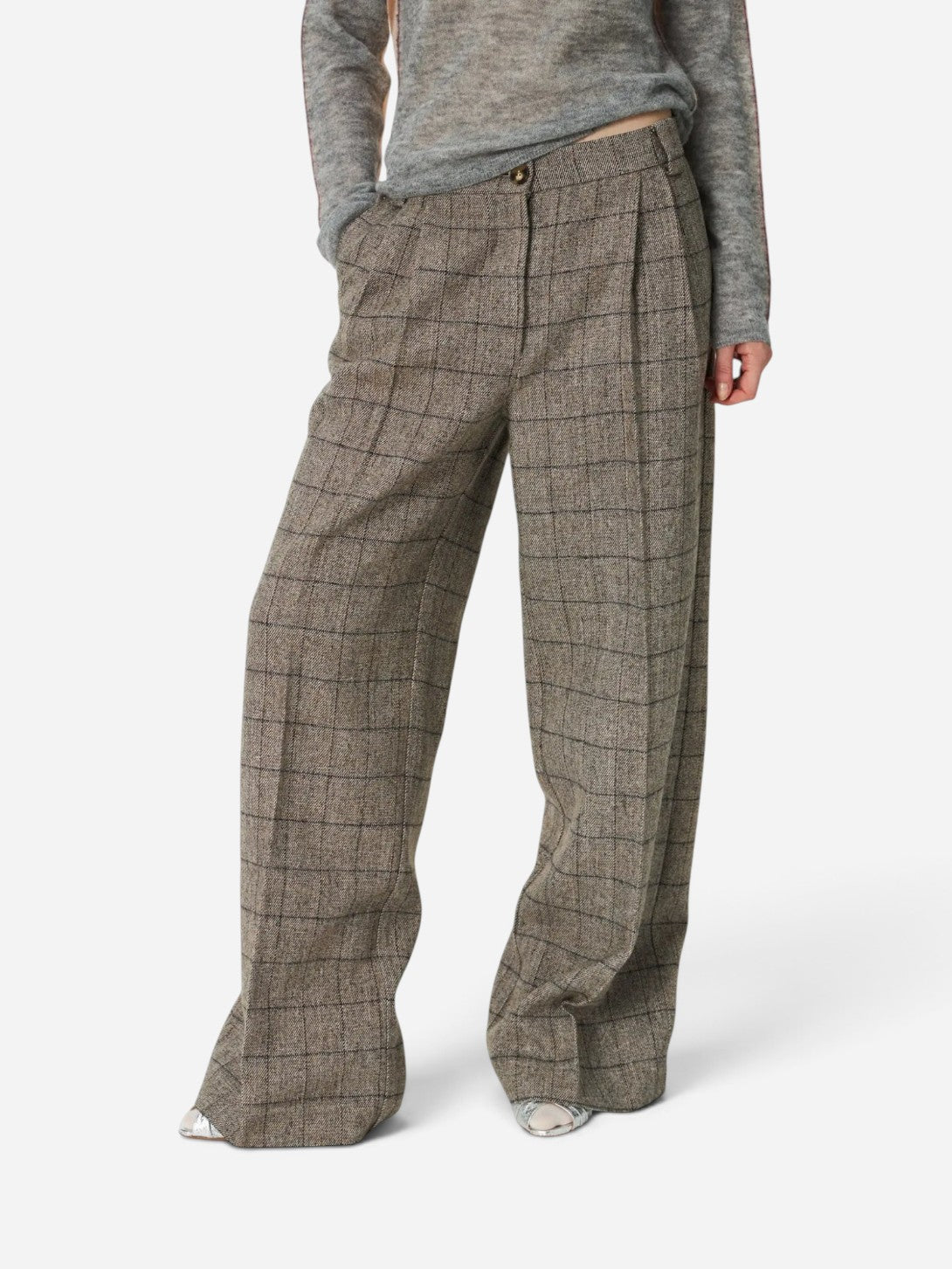 Warm Grey Melange Oversized Low Waist Suiting Pants Womens Checkered Pants Stella Nova