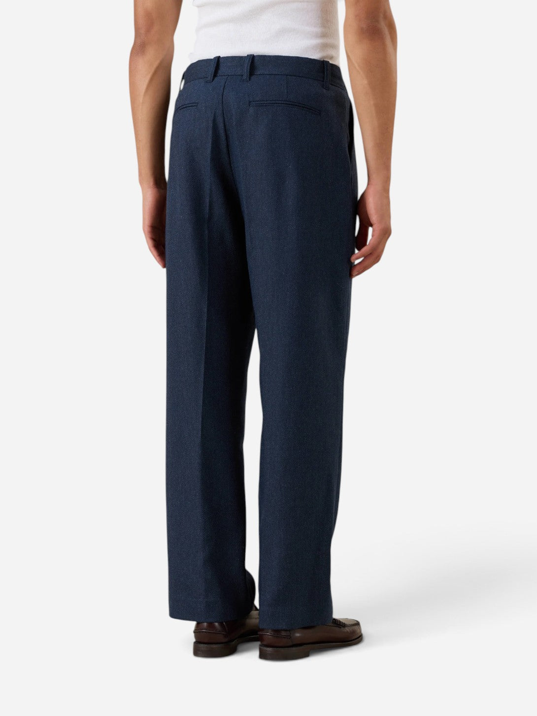 Navy Stanley Herringbone Pleated Trousers Mens Trousers Percival Clothing