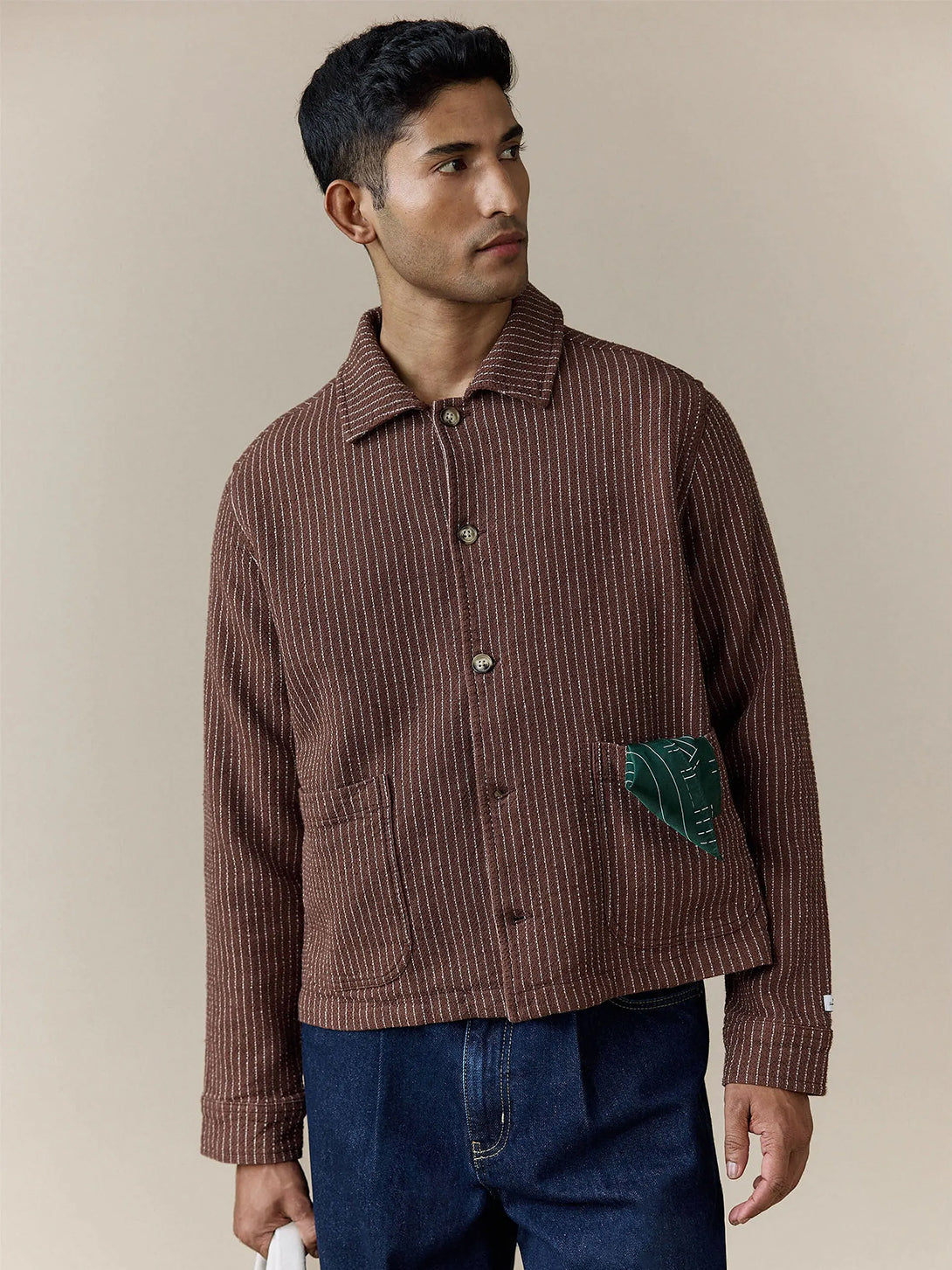 Brown Sorrento Cropped Boxy Overshirt Mens Striped Layering Overshirt Percival Clothing