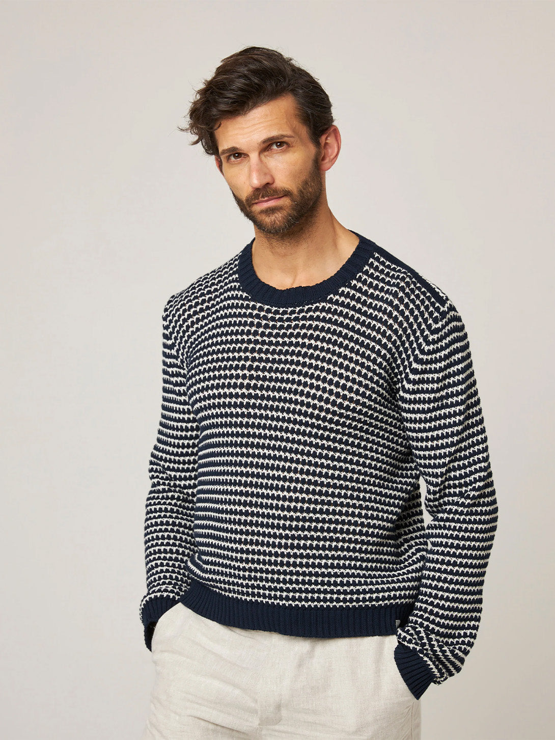 Navy Island Crochet Jumper Mens Knitted Pattern Stripe Pullover Peregrine Clothing