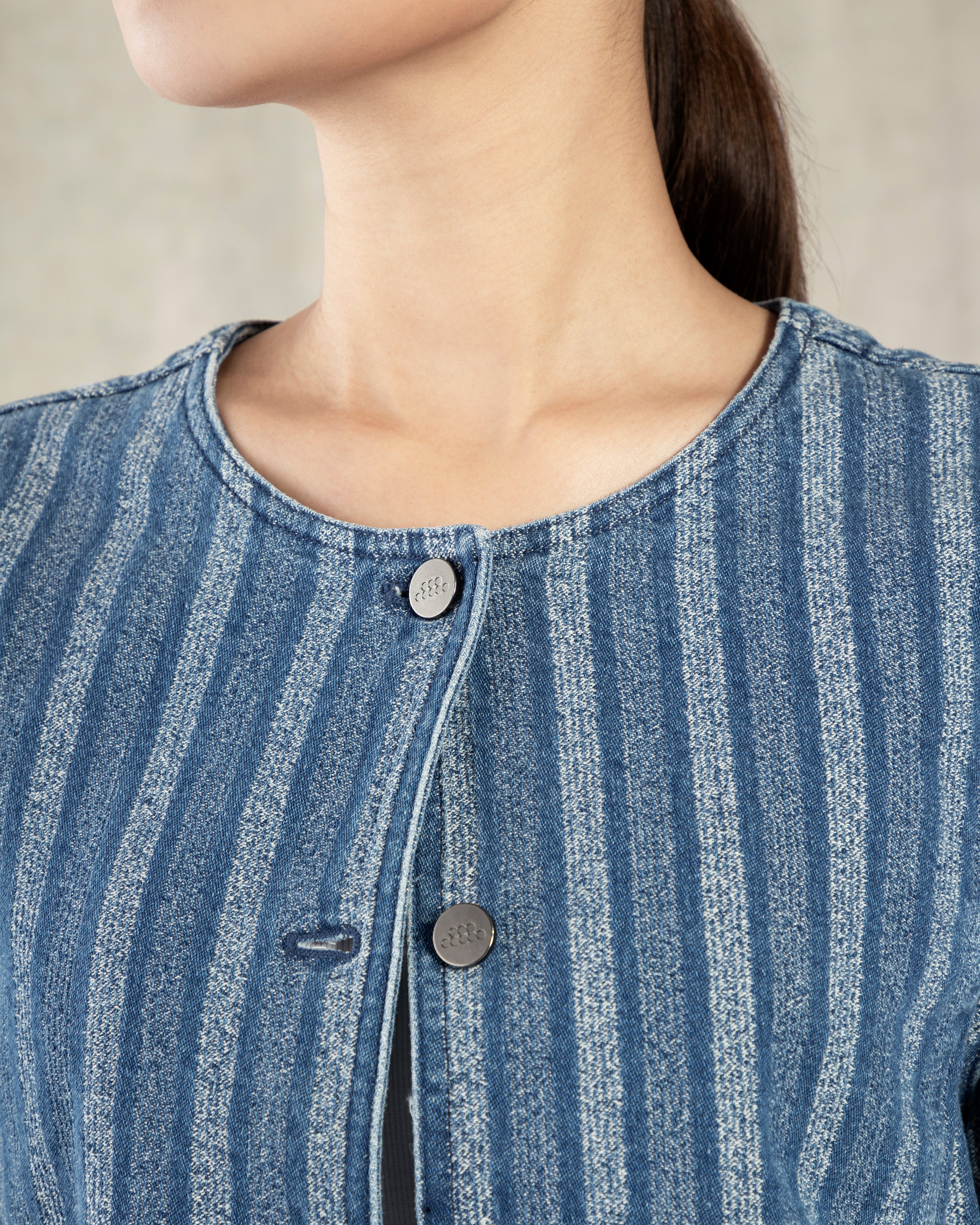 Mid Indigo Stripe Striped Denim Pocket Jacket Womens Cropped Pocketed Jacket