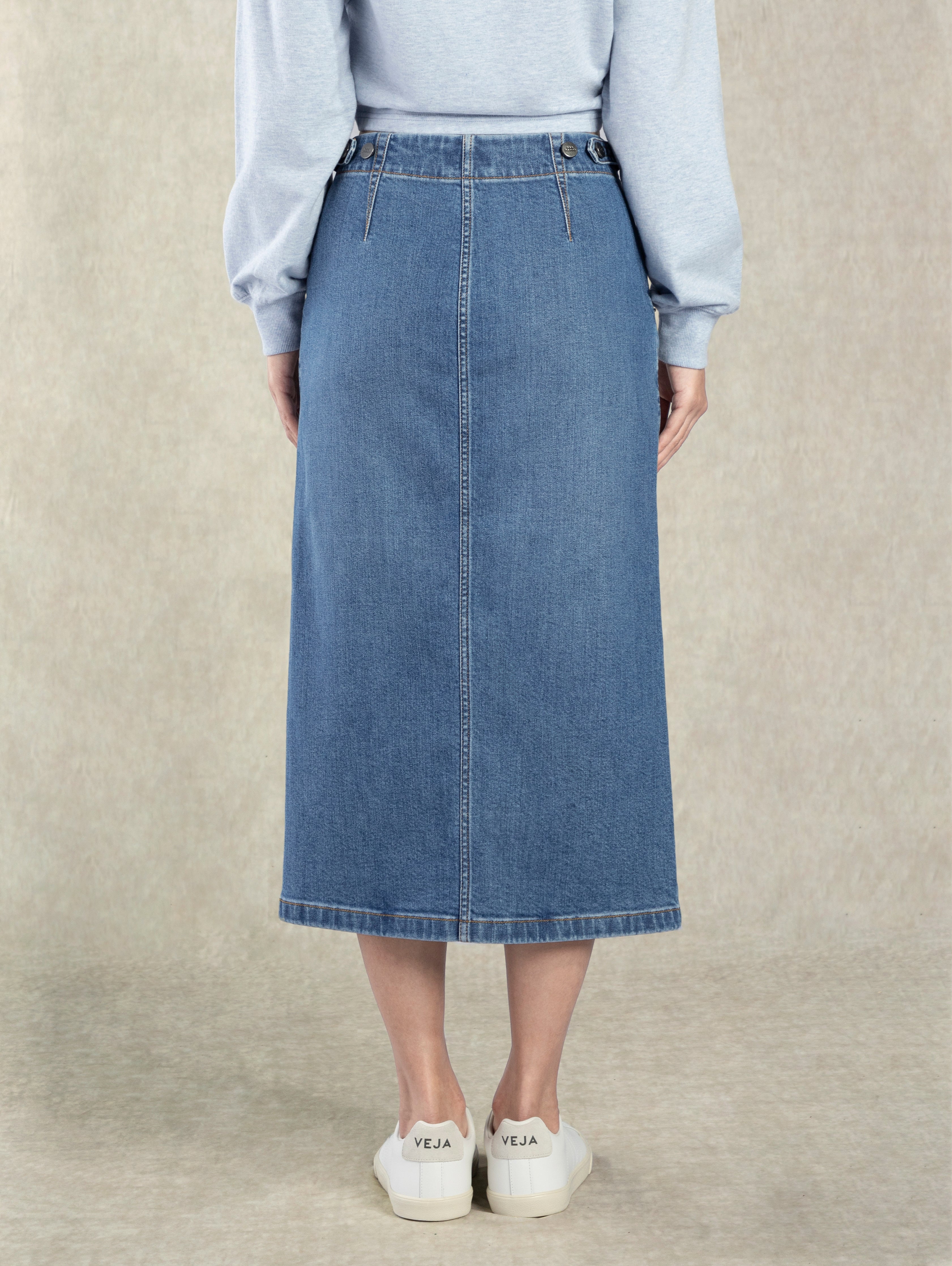 Mid Indigo Panel Denim Skirt Classic Denim Long Skirt