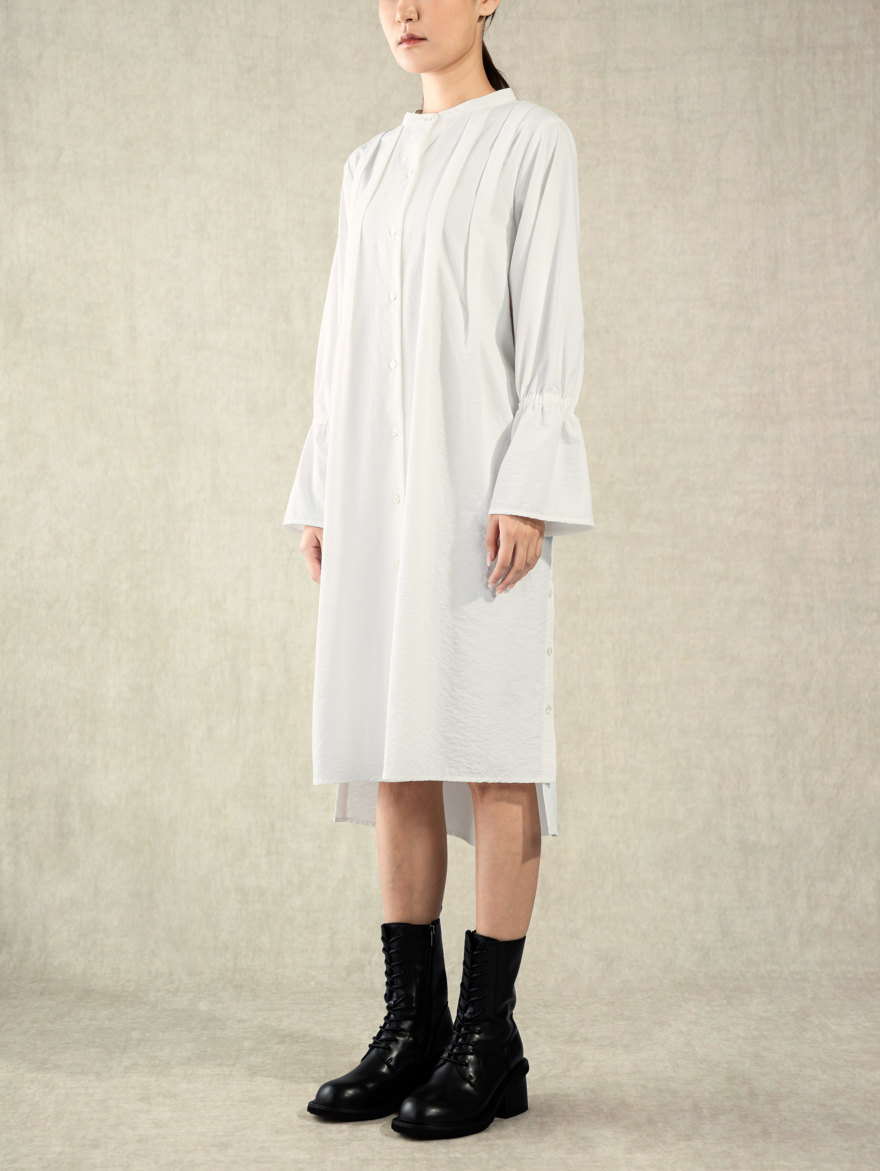 Pure White Gathered LS Dress Womens Textured Buttoned Dress