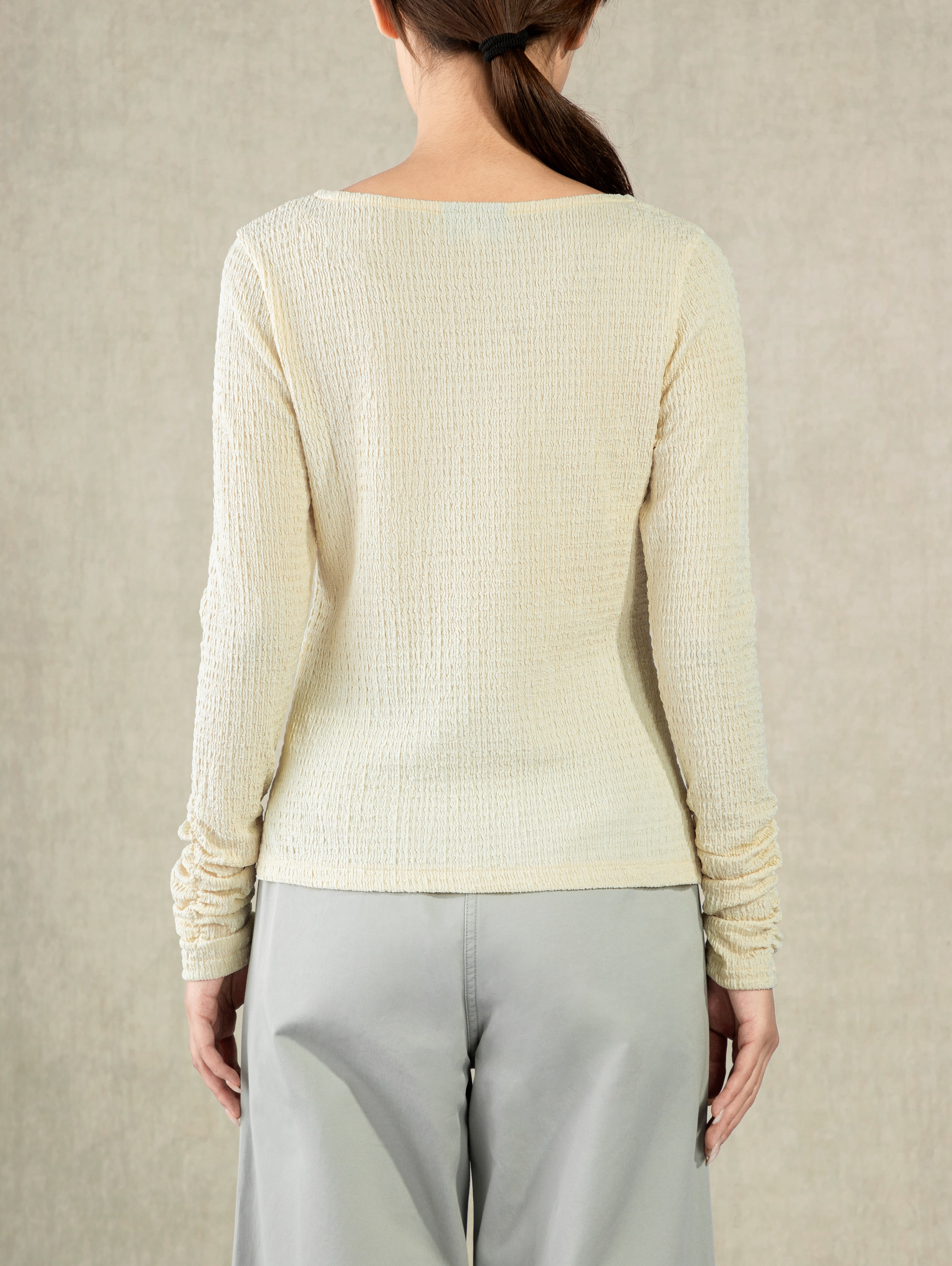 Seedpearl Crunched Sleeve Top Wide Neck Lightweight Shirt