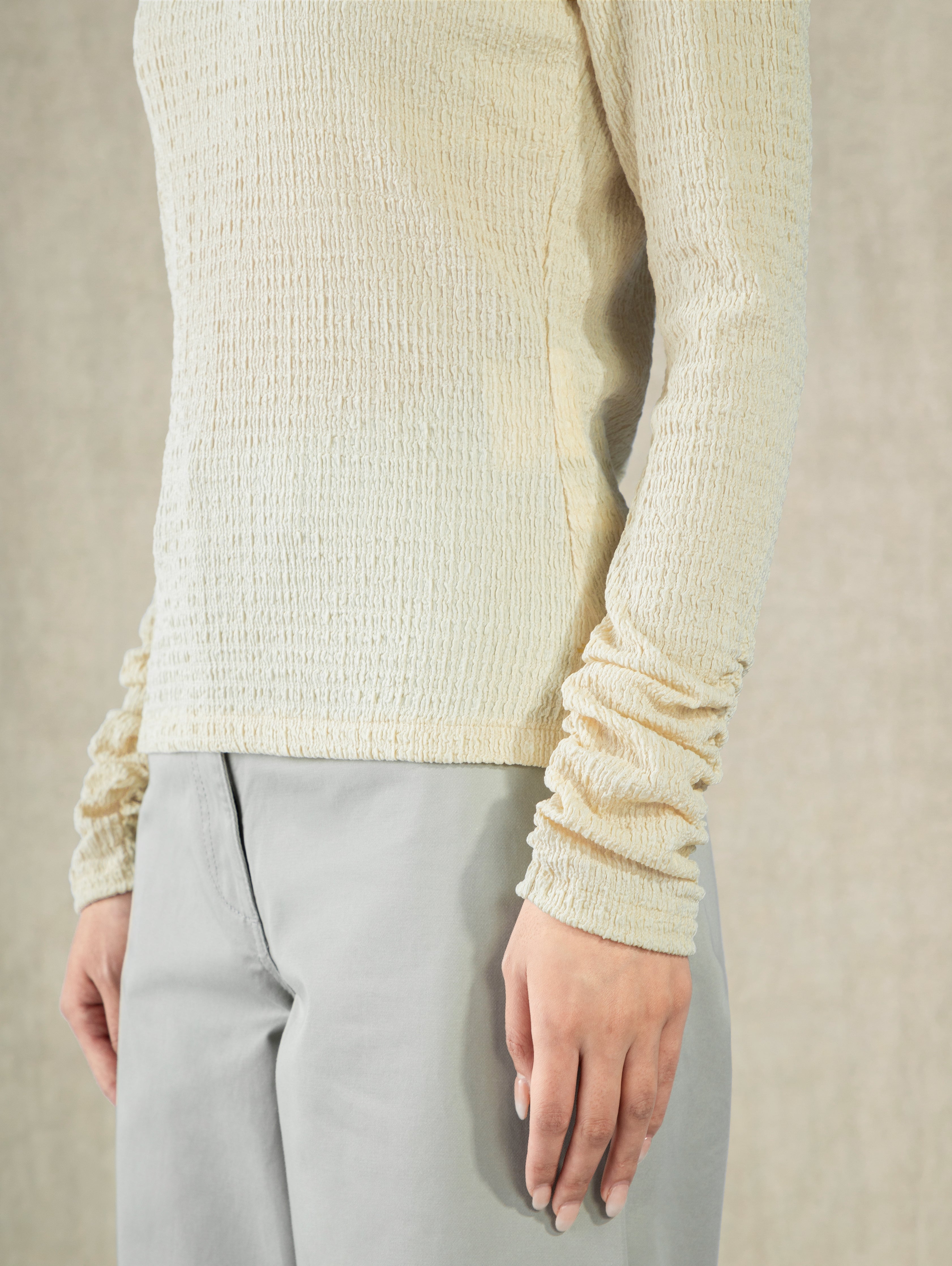 Seedpearl Crunched Sleeve Top Wide Neck Lightweight Shirt