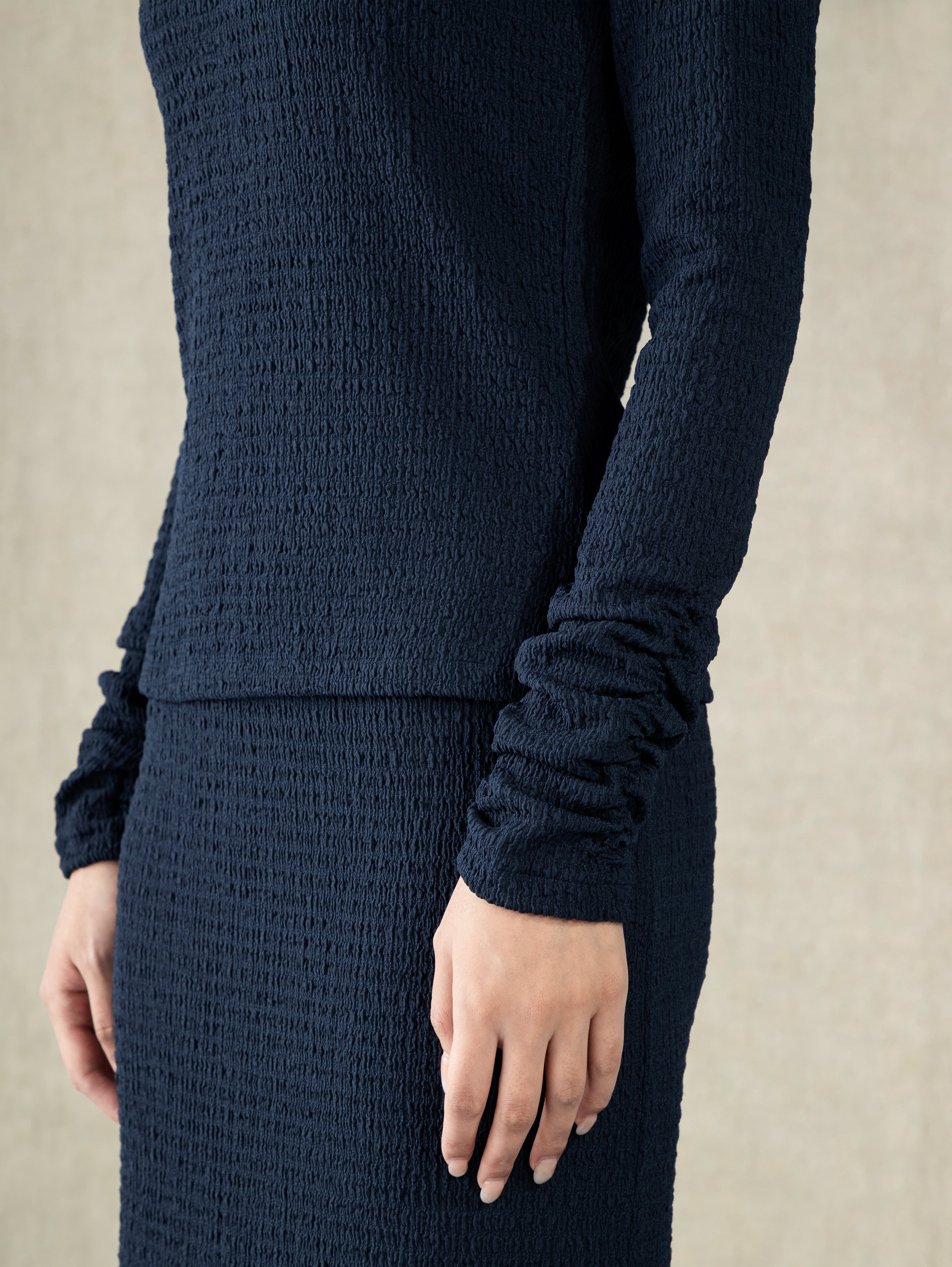 Navy Blazer Crunched Sleeve Top Wide Neck Lightweight Shirt