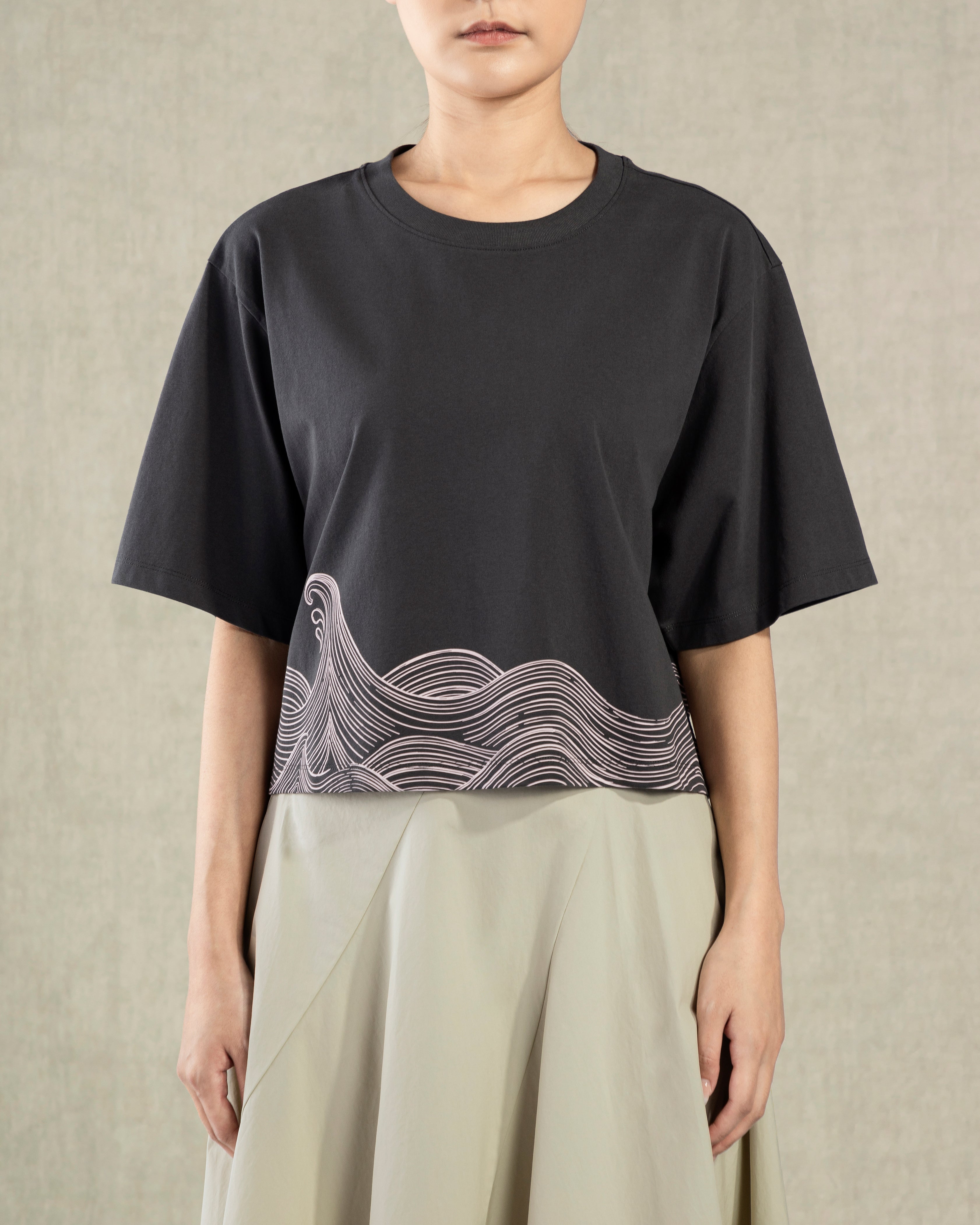 Dk Shadow Wave Print Boxy Tee Womens Wide Sleeve Printed Shirt