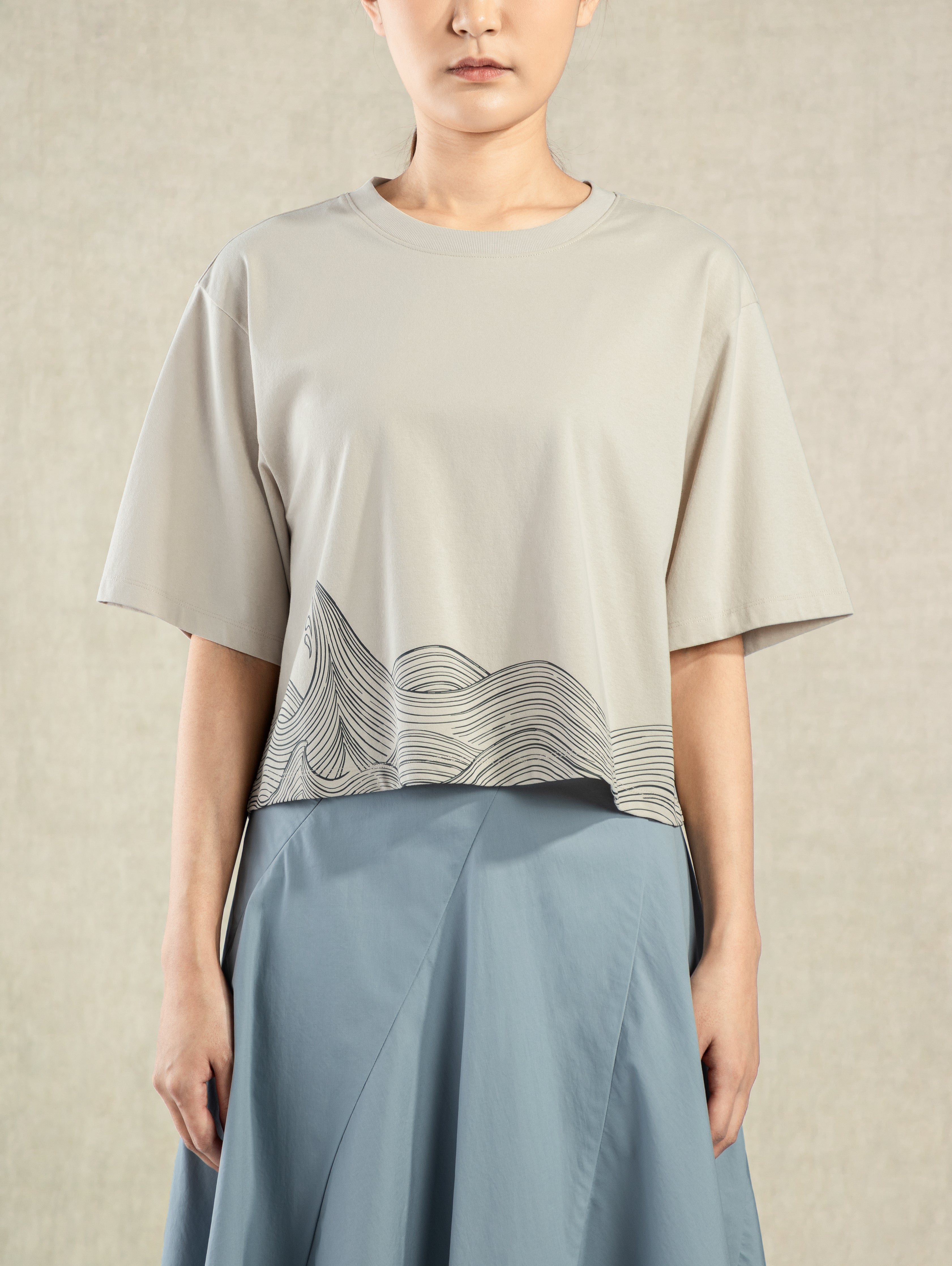 Pumice Stone Wave Print Boxy Tee Womens Wide Sleeve Printed Shirt