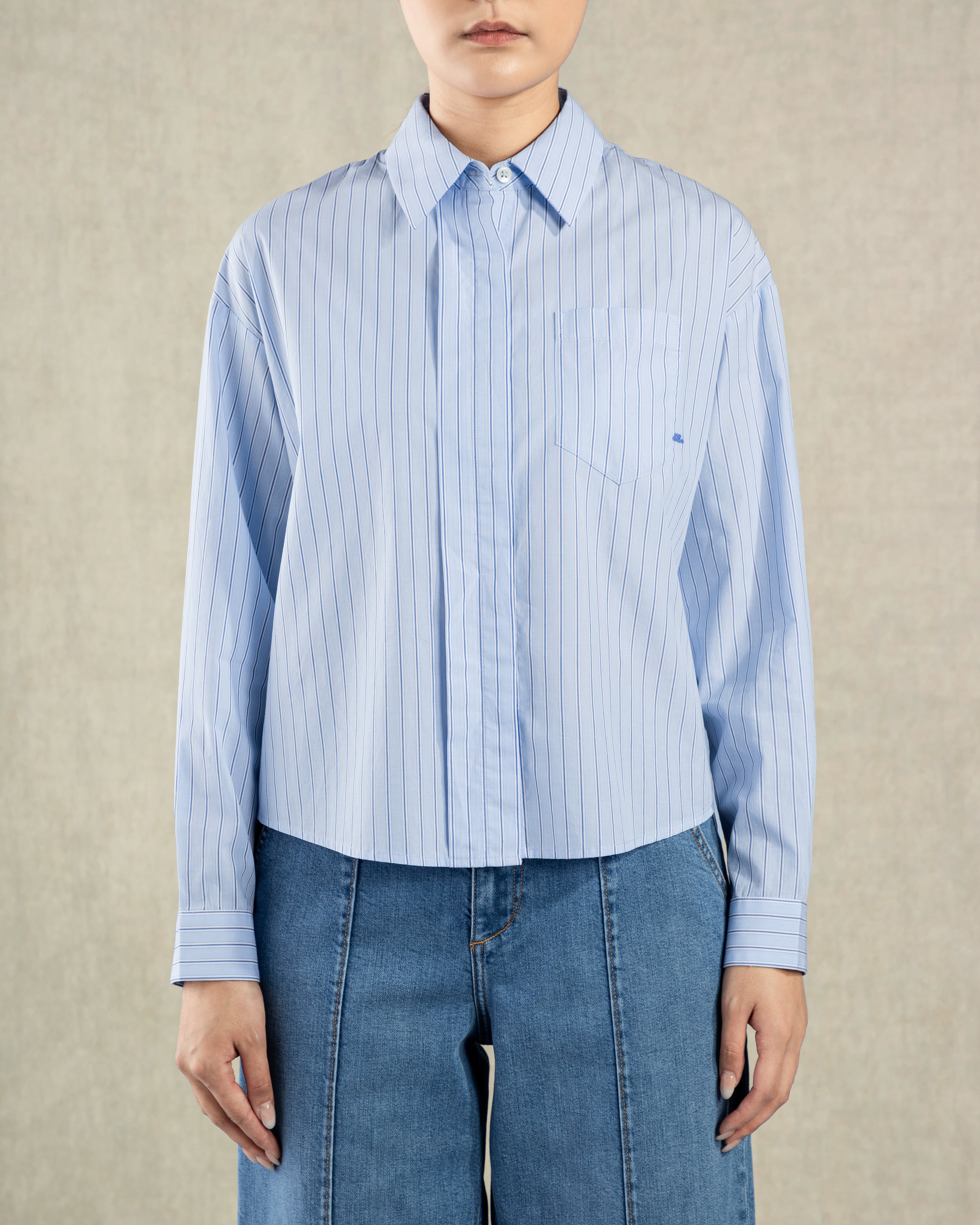 Light Blue Stripe Striped Boxy Shirt Womens Collared Pocket Shirt
