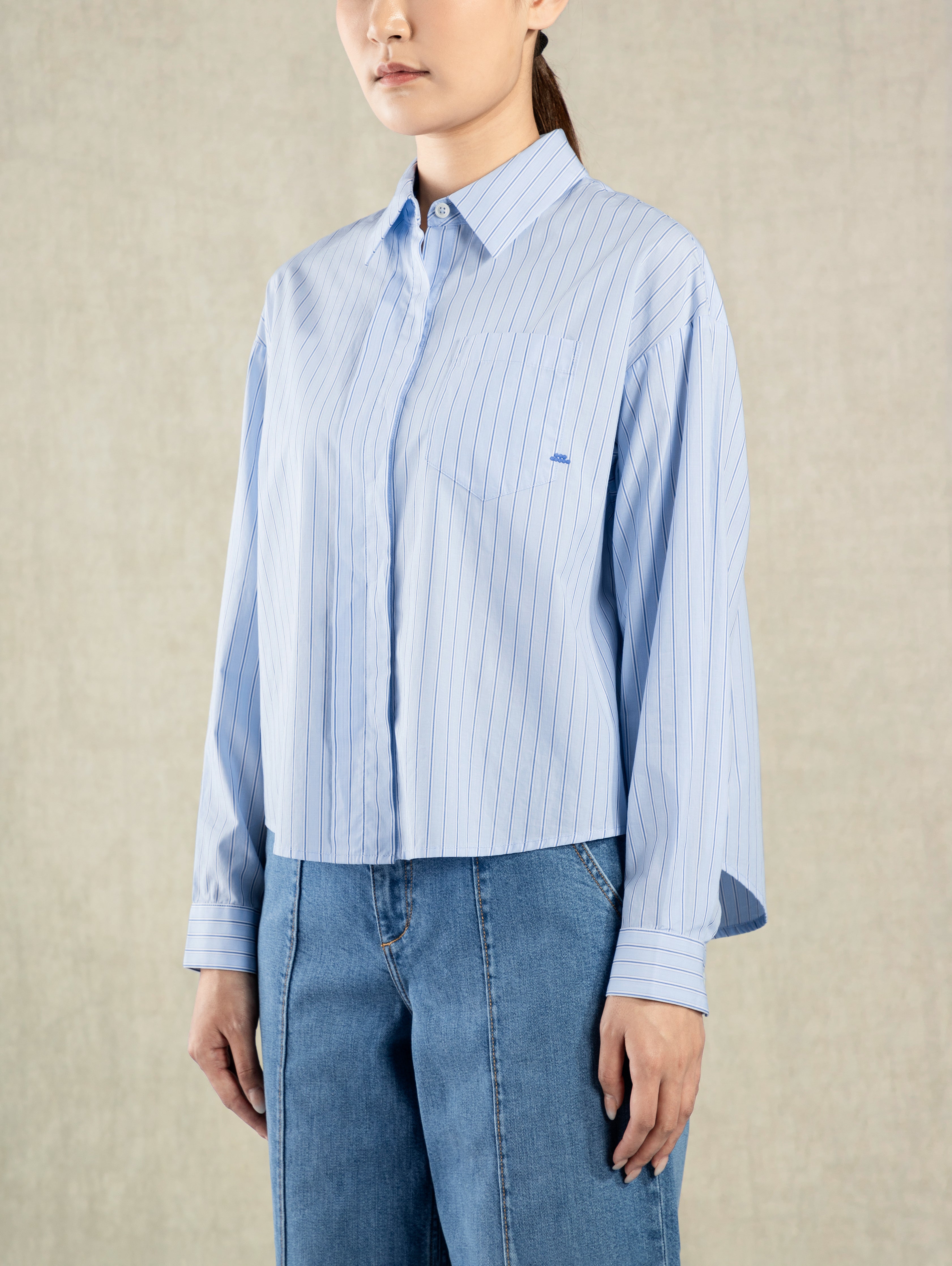 Light Blue Stripe Striped Boxy Shirt Womens Collared Pocket Shirt