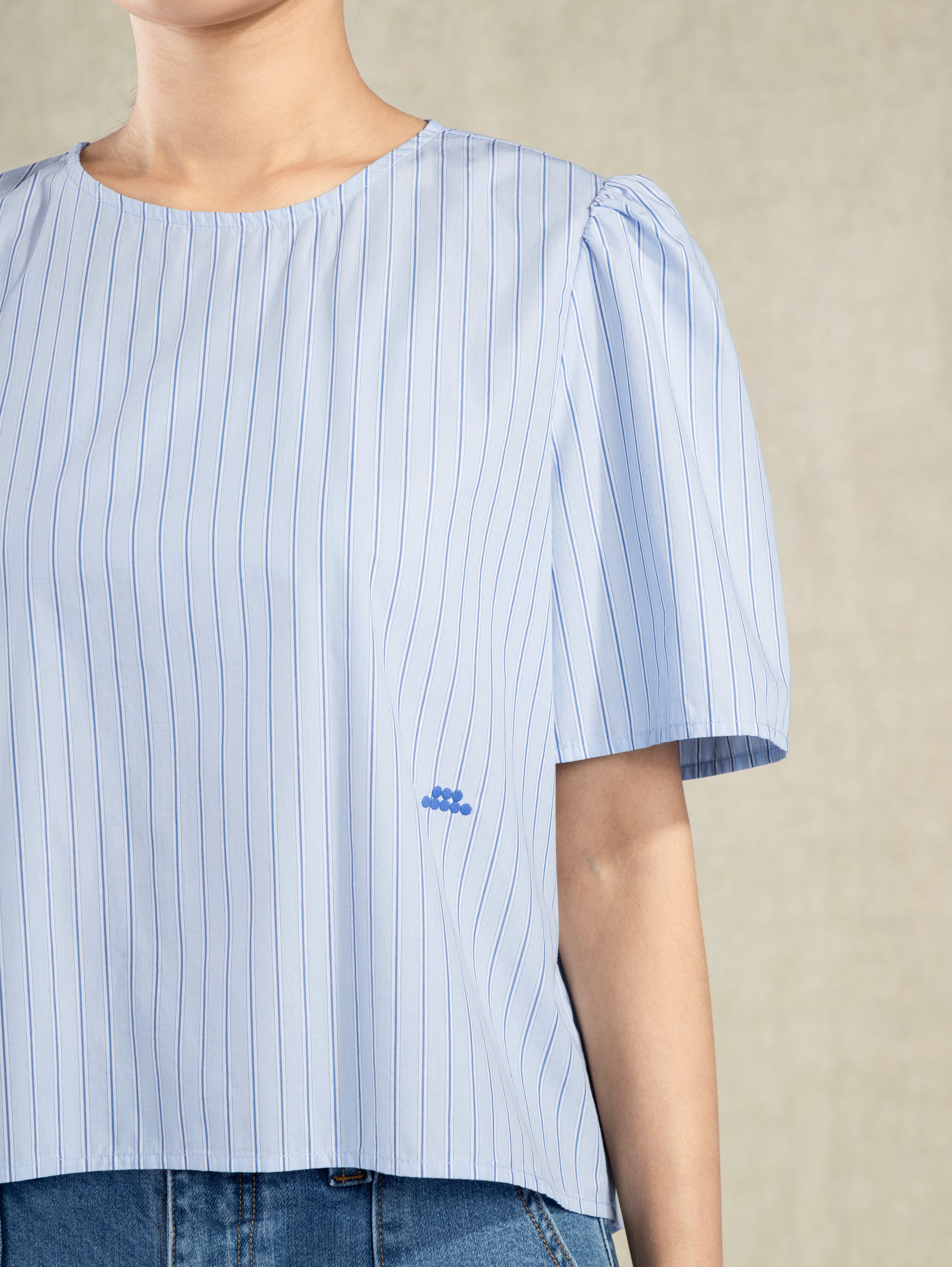 Light Blue Stripe Striped Puff Sleeve Blouse Woven Boxy Woven Short Sleeve