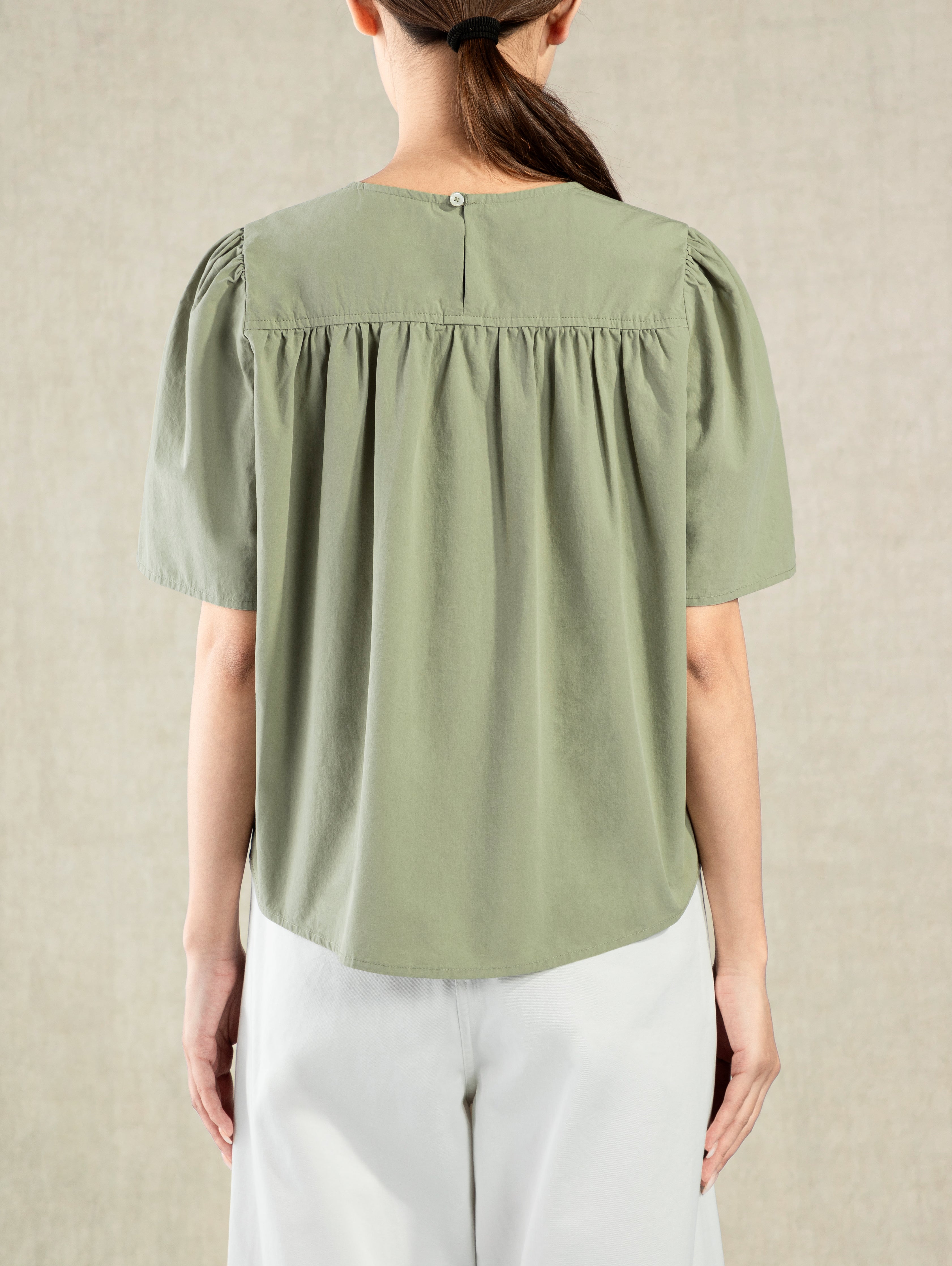 Shadow Green Puff Sleeve Blouse Womens Relaxed Fit Shirt