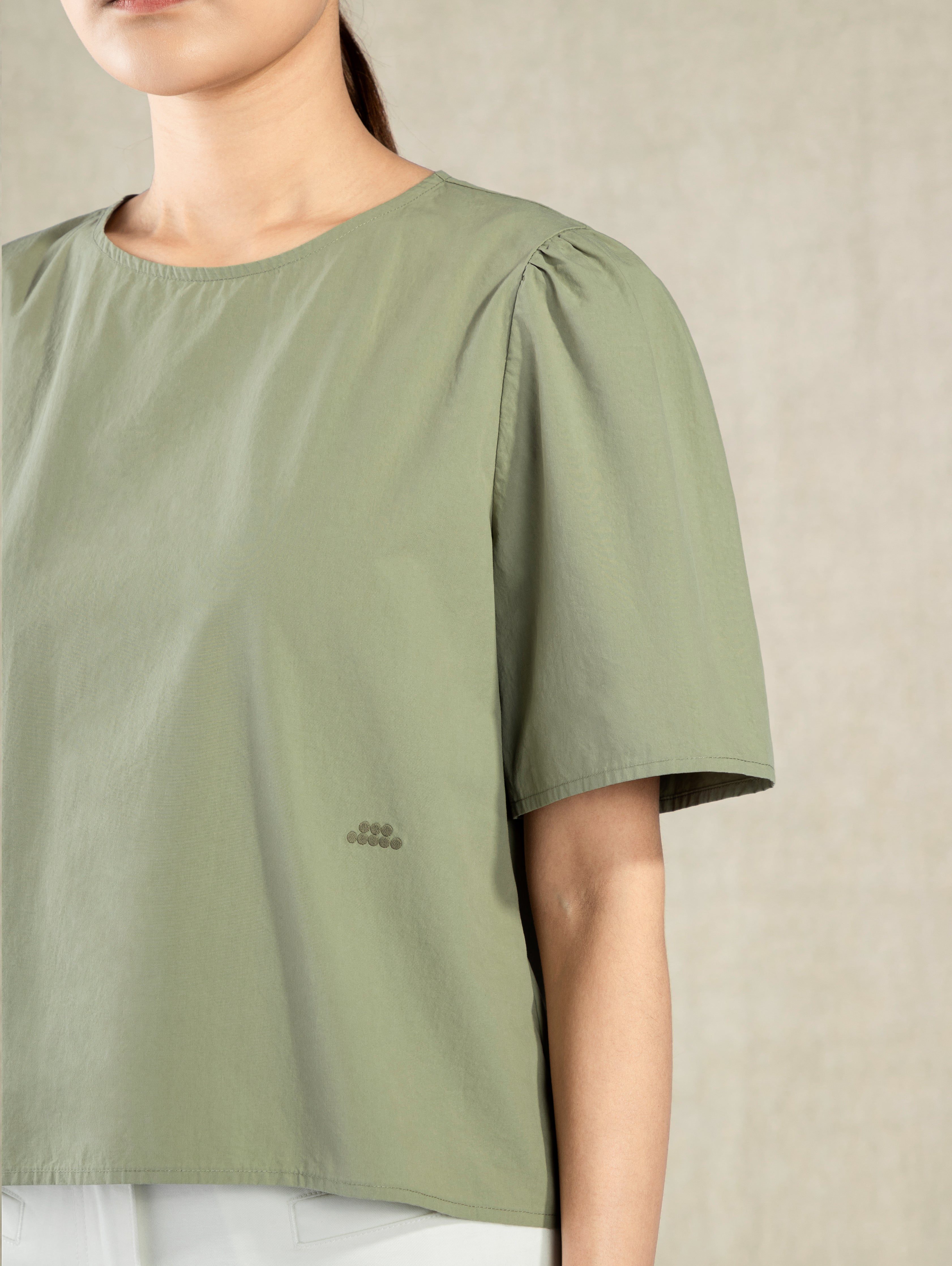 Shadow Green Puff Sleeve Blouse Womens Relaxed Fit Shirt