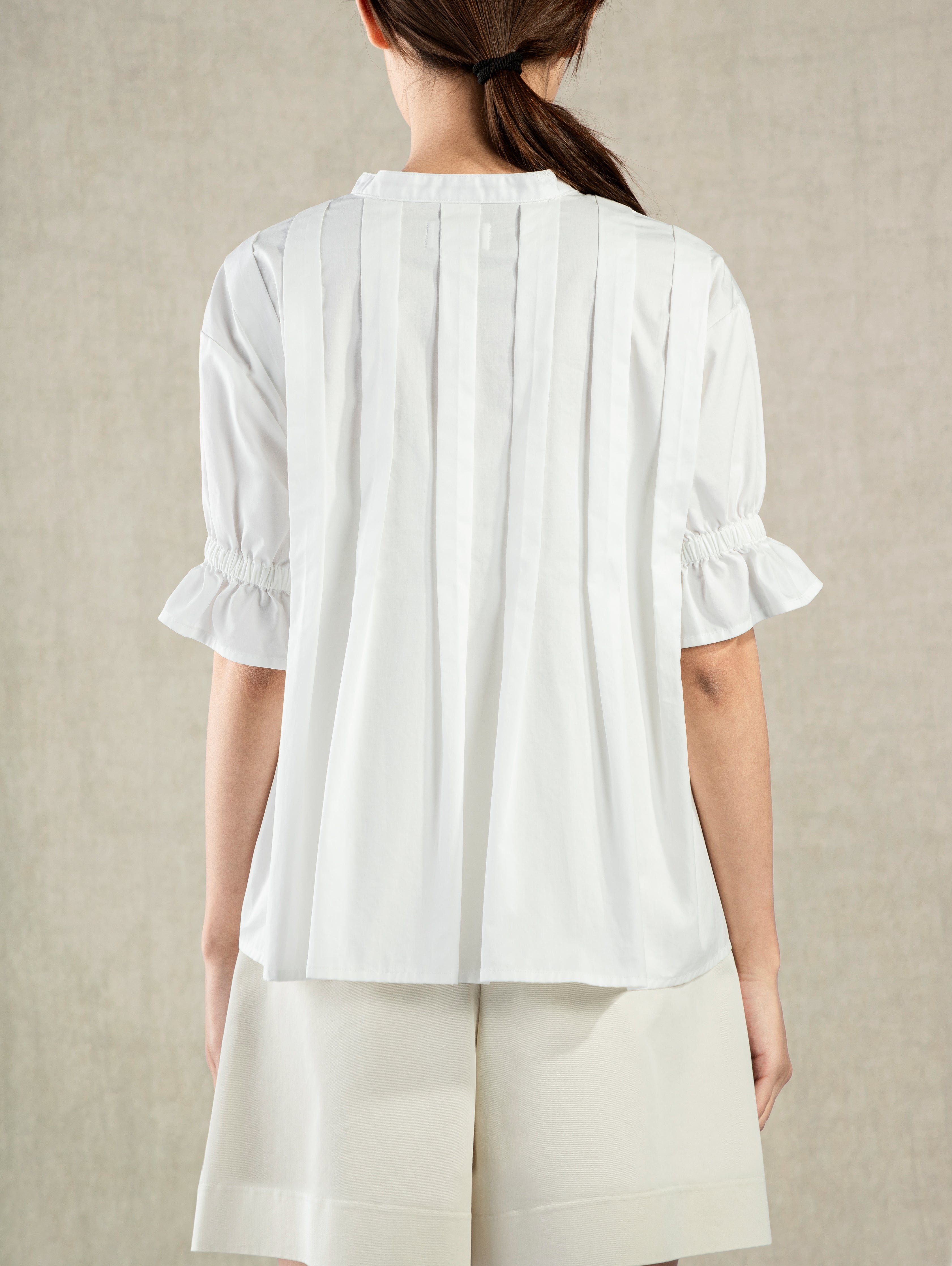 Pure White Pleated V-neck SS Blouse Womens Lightweight Pleated Top