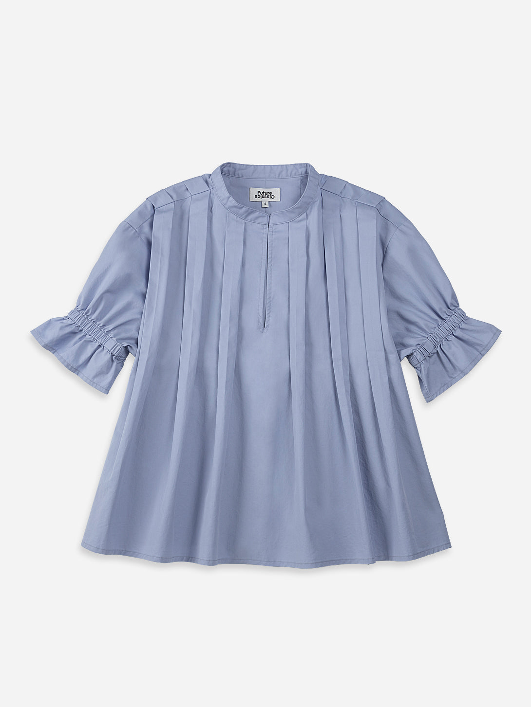 Light Blue Pleated V-neck SS Blouse Womens Lightweight Pleated Top