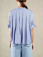Light Blue Pleated V-neck SS Blouse Womens Lightweight Pleated Top