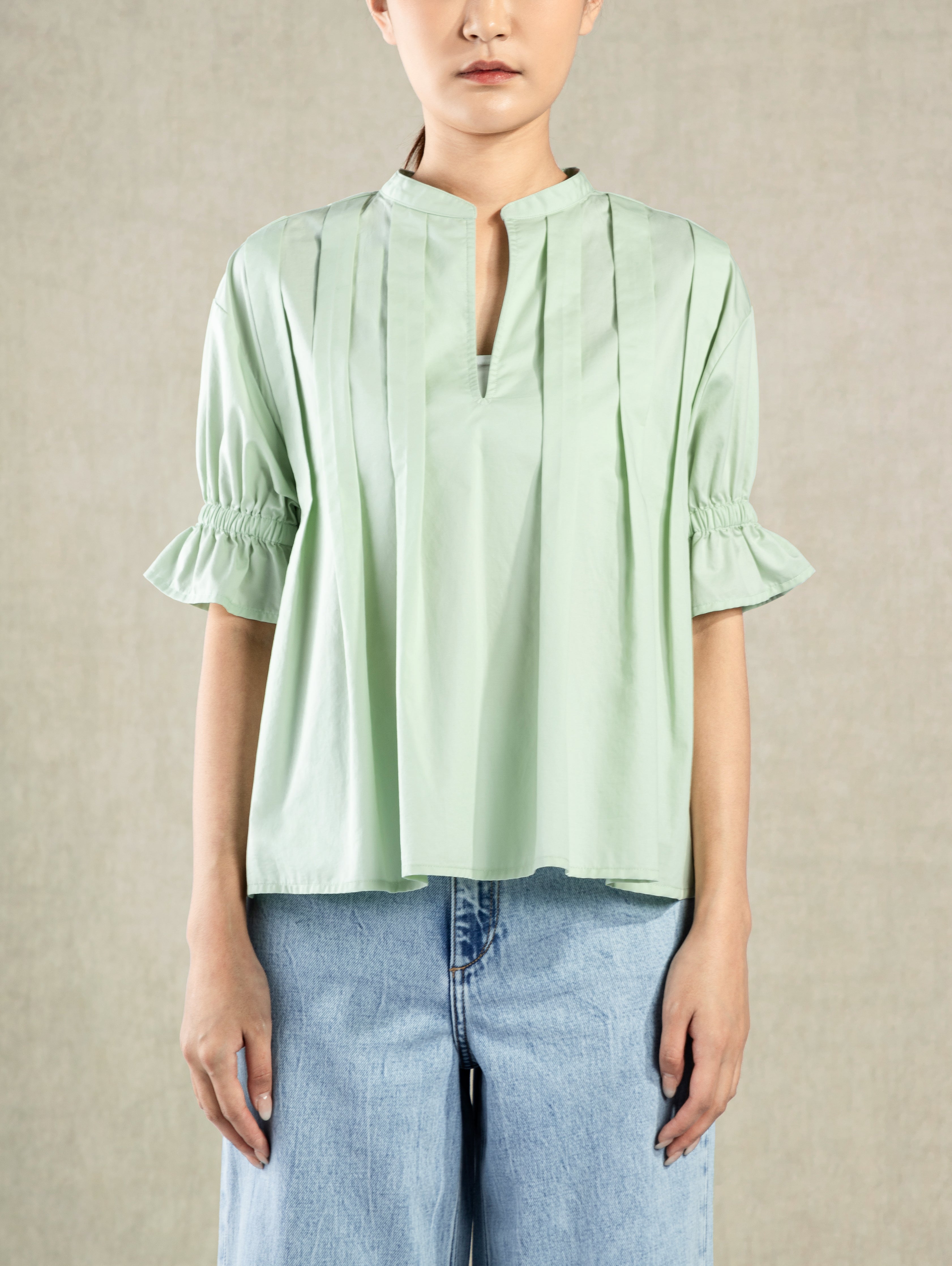 Ocean Wave Pleated V-neck SS Blouse Womens Lightweight Pleated Top