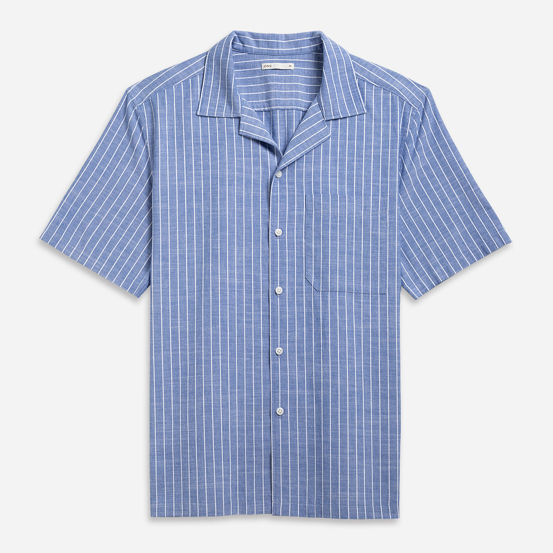 Blue/White Stripe Rockaway Stripe Shirt Mens Camp Collar Summer Button Tee