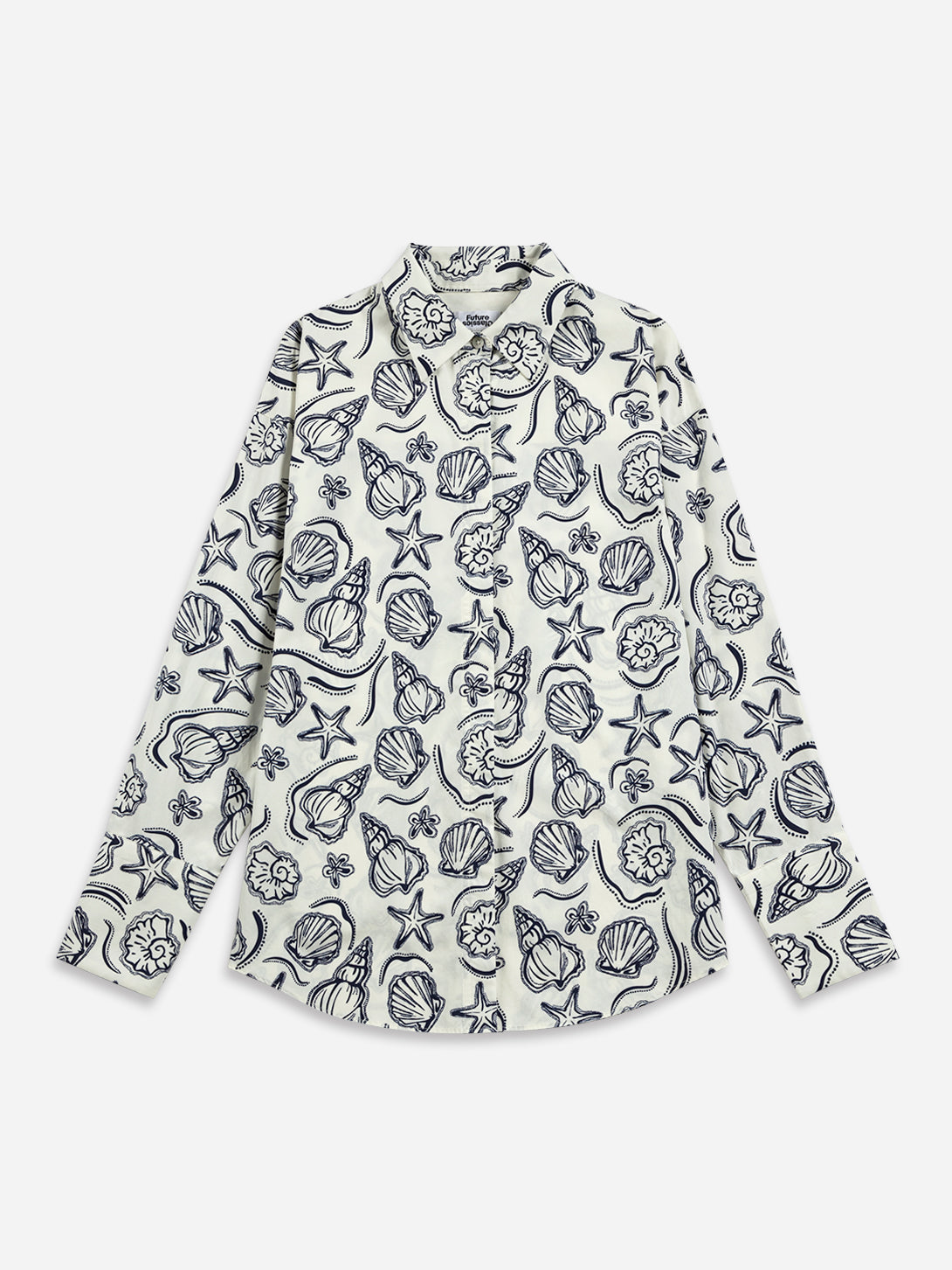 Seadpearl AOP Seashell Slit Shirt Womens Button Up Colalred Shirt Womens Long Sleeve Collared Shirt