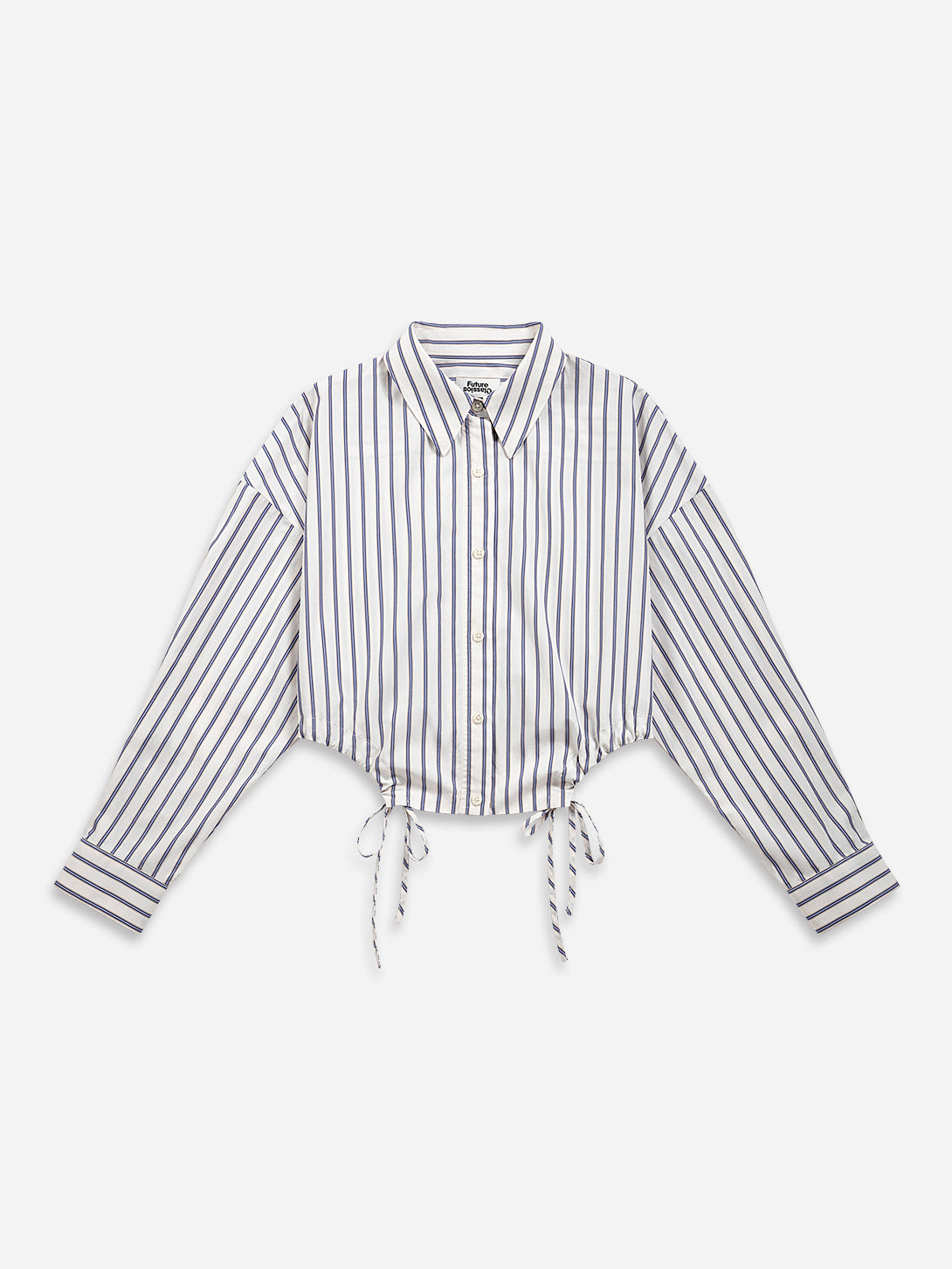 Off White/ Blue Stripe Gathered-waist Stripe Shirt Womens Cropped Striped Colalred Shirt Womens Long Sleeve Woven Shirt