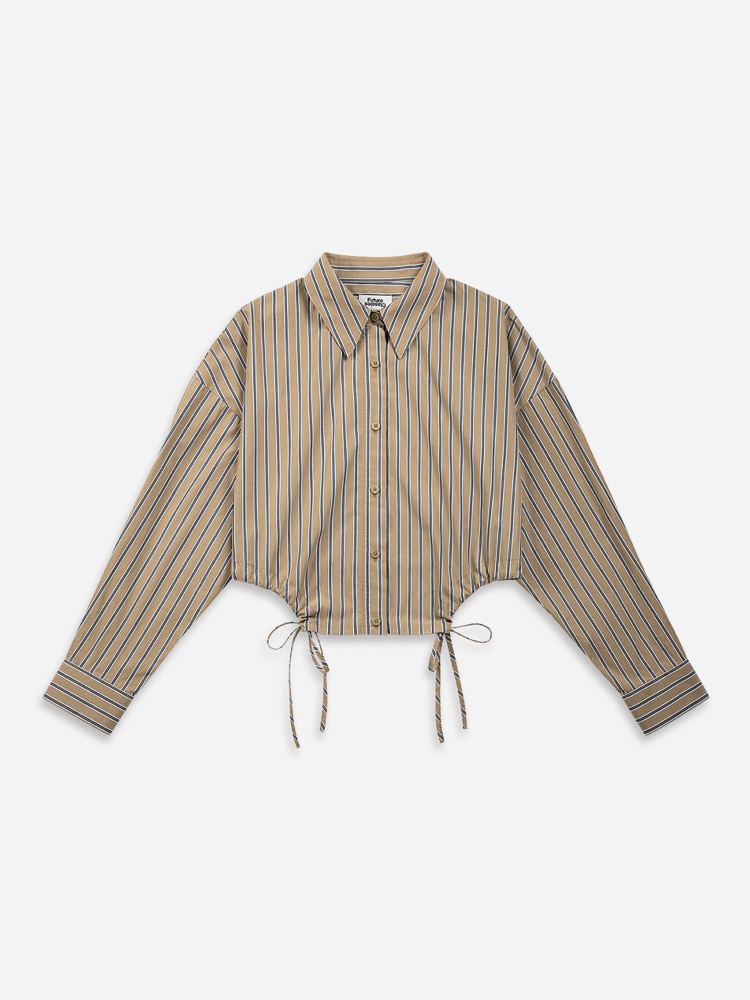 Stone Brown/ Navy Stripe Gathered-waist Stripe Shirt Womens Cropped Striped Colalred Shirt Womens Long Sleeve Woven Shirt