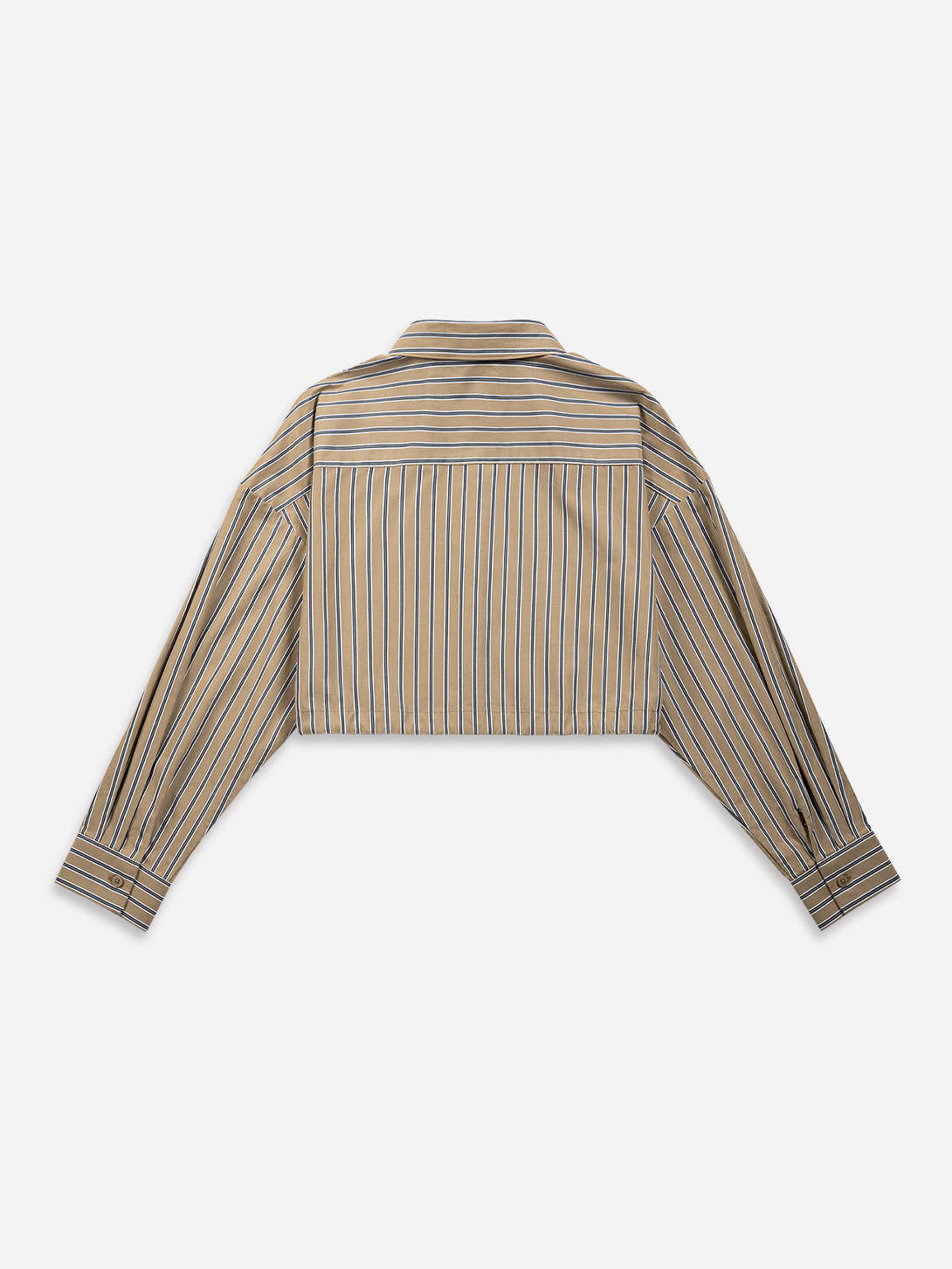 Stone Brown/ Navy Stripe Gathered-waist Stripe Shirt Womens Cropped Striped Colalred Shirt Womens Long Sleeve Woven Shirt