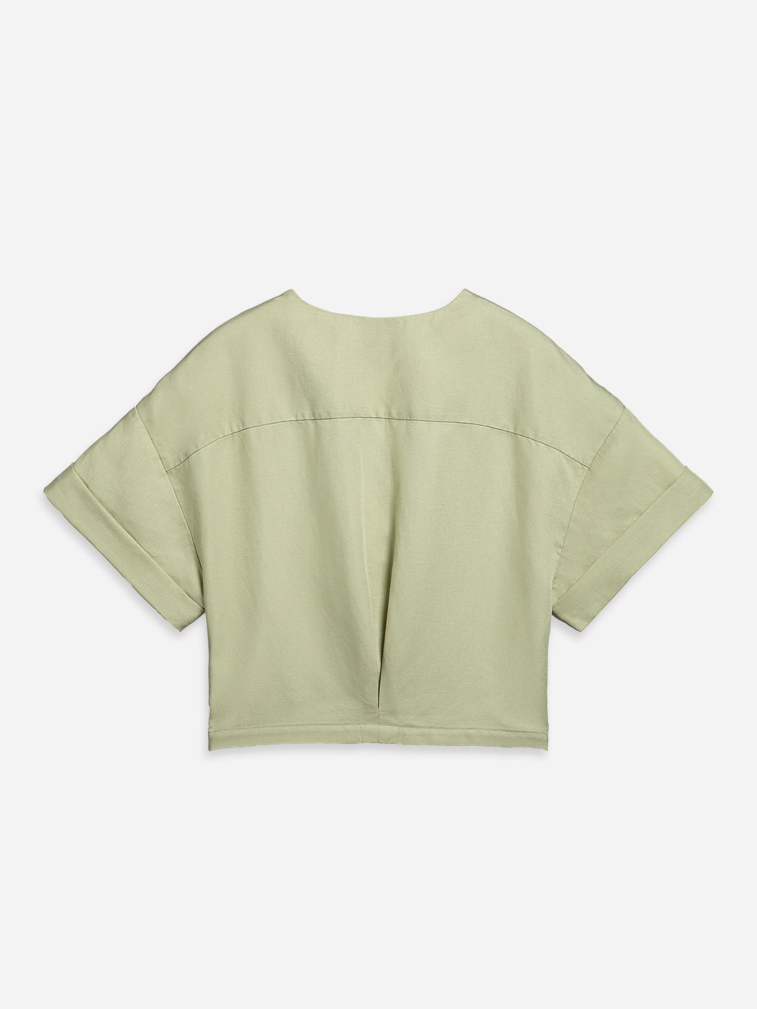 Seaweed Green Gathered Overlap Top Womens Short Sleeve Cropped Shirt Open Collar Womens Shirt