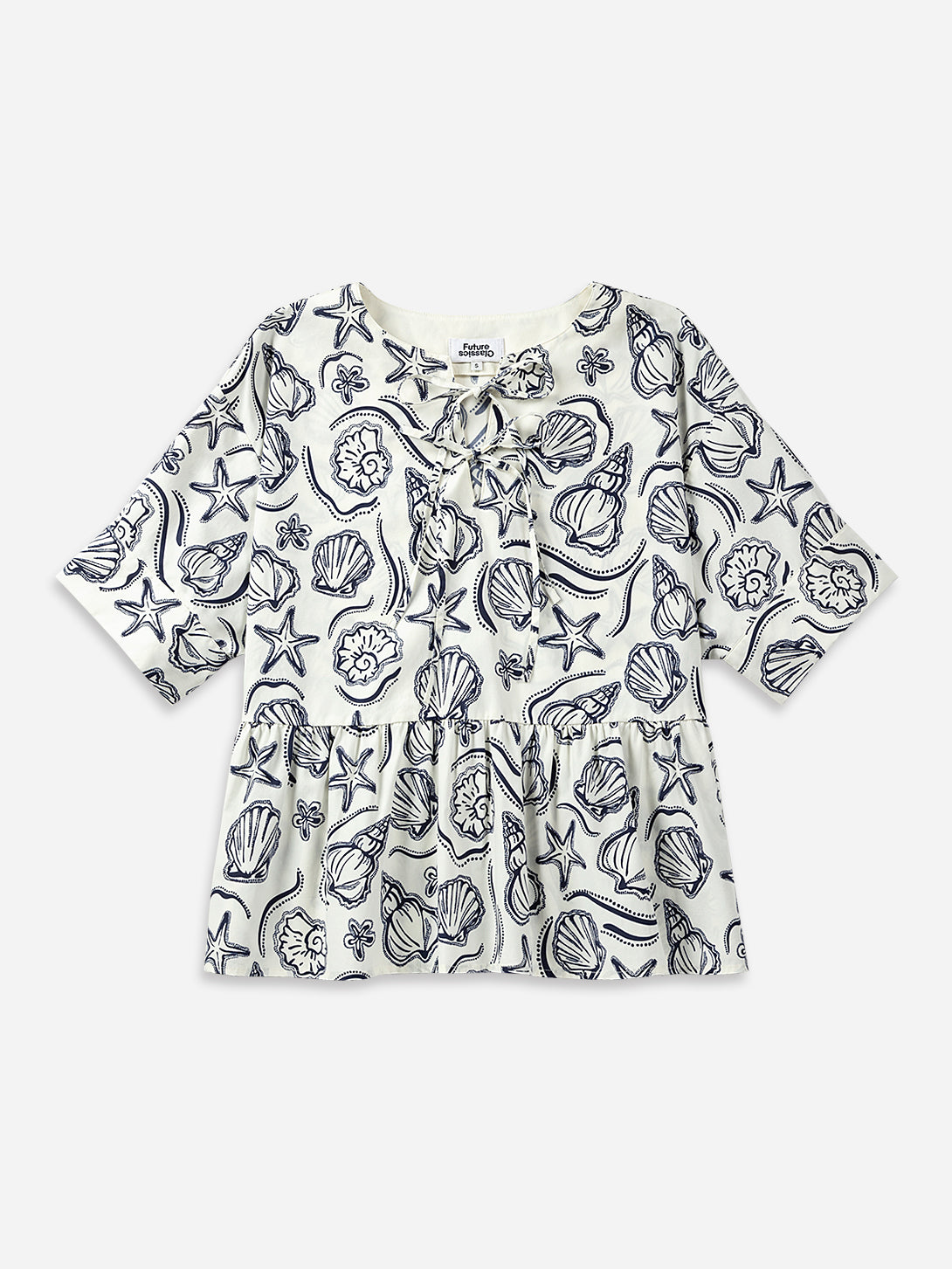 Seedpearl AOP Seashell Gathered Blouse Womens Printed pleated Blouse Womens Short Sleeve Woven Shirt