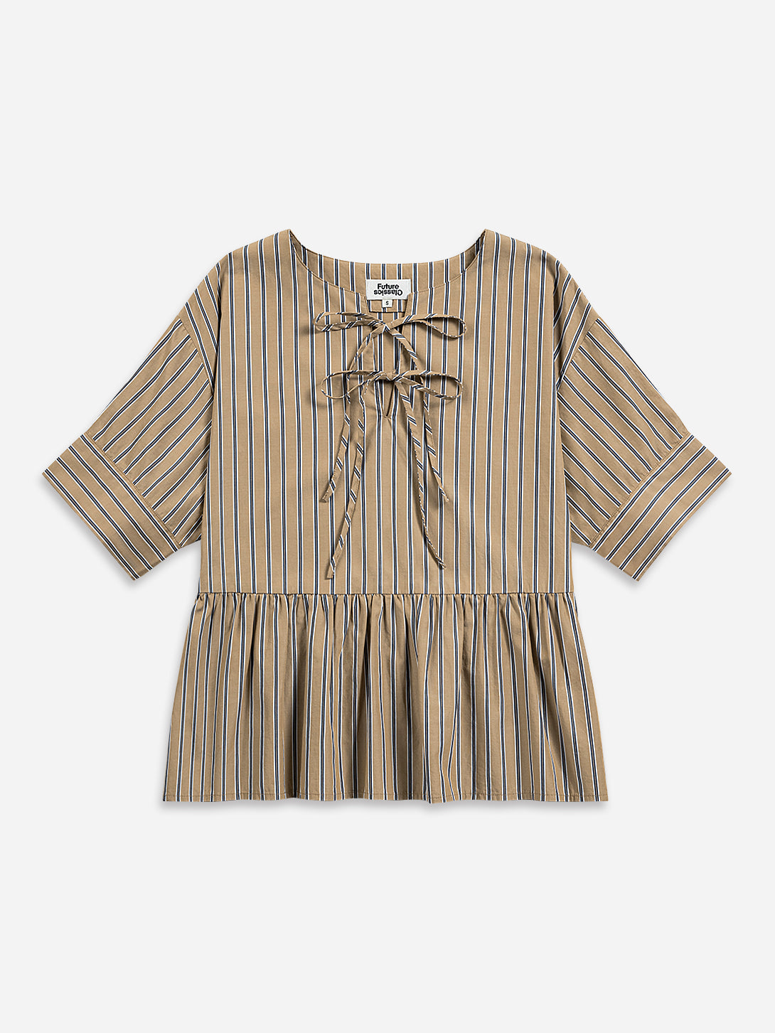 Stone Brown / Navy Stripe Stripe Gathered Blouse Womens Short Sleeve Pleated Shirt Womens Blouse Striped Shirt