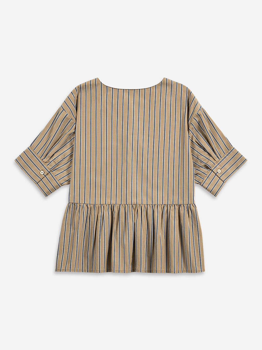 Stone Brown / Navy Stripe Stripe Gathered Blouse Womens Short Sleeve Pleated Shirt Womens Blouse Striped Shirt