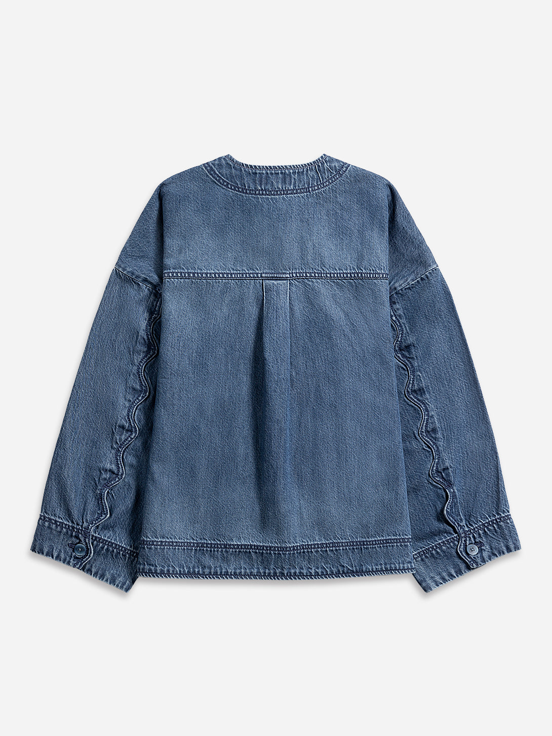 Mid Indigo Motif Sleeve Denim Jacket Womens Denim Lightweight Outerwear Denim Jacket V Neck Denim