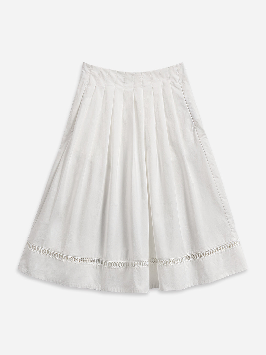 Pure White Pleated Flare Skirt Womens Mid Length Lightweight Skirt Stitch Design