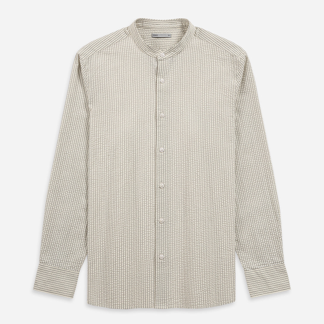 Off White/Grey Stripe Aleks Seersucker Stripe Shirt Mens Band Collar Seersucker Striped Shirt ONS Clothing