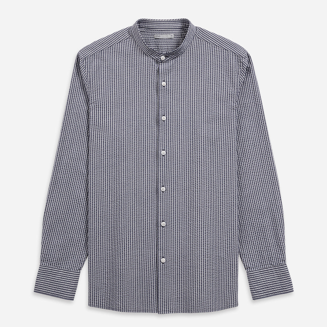 Navy/White Stripe Aleks Seersucker Stripe Shirt Mens Band Collar Seersucker Striped Shirt ONS Clothing