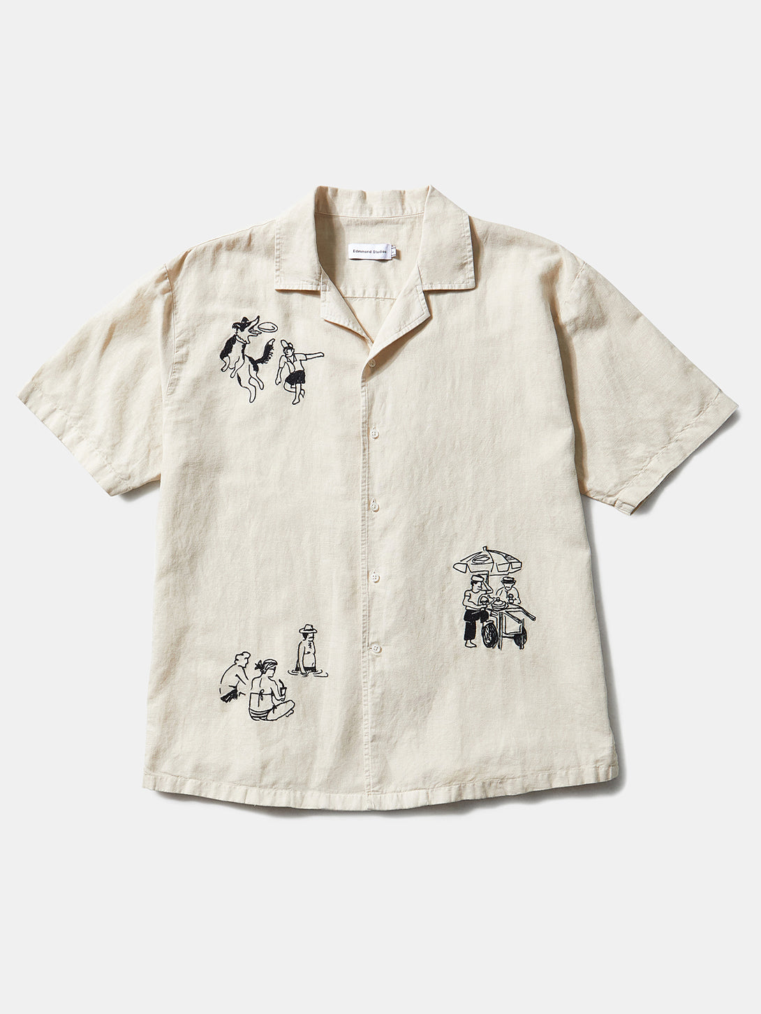 Plain Beige Sunny Day Short Sleeve Mens Edmmond Studio Camp Collar Linen Shirt