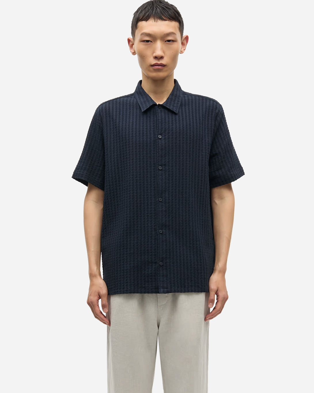 Dark Navy Avan JX Shirt Mens Short Sleeve Button Up Shirt Mens Samsoe Samsoe