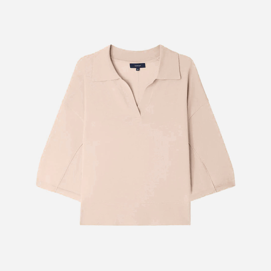Rose Poudre Elton Womens Relaxed Fit Short Sleeve Sweater Open Collar Soeur Clothing