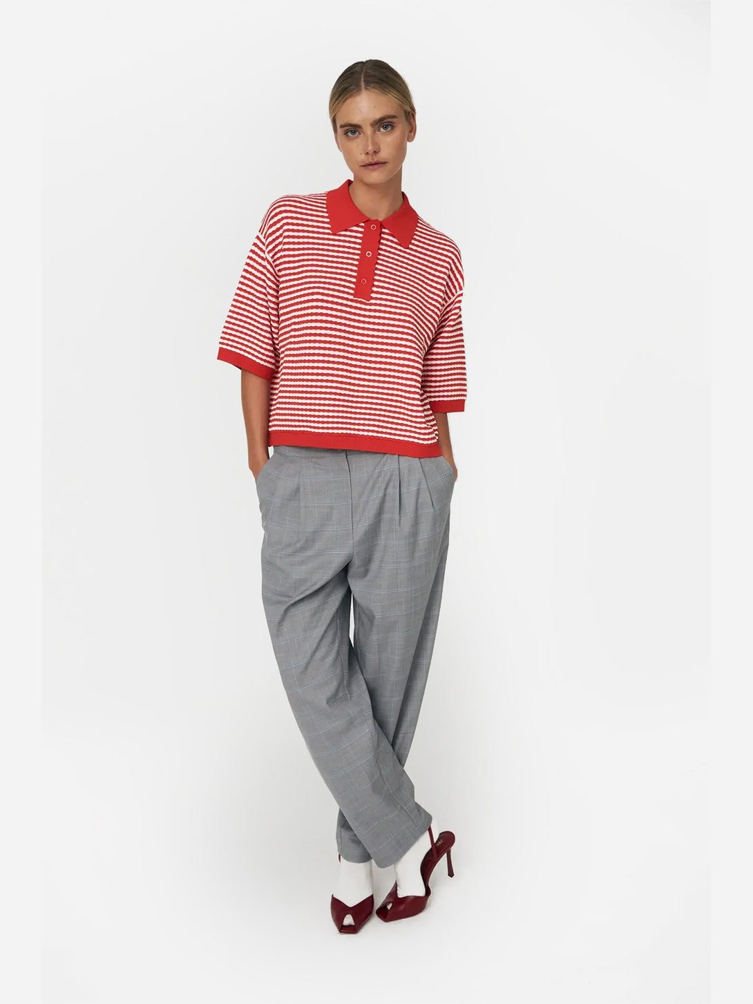 Red/Cream Stripe Polo Knit Womens Short Sleeve Striped Polo Shirt Stella Nova