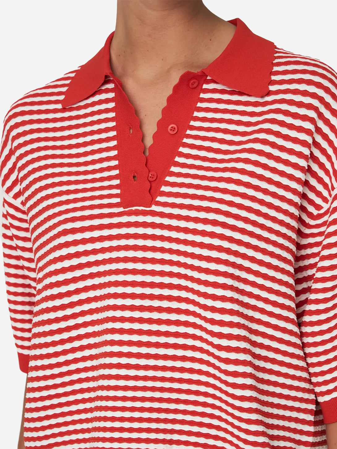 Red/Cream Stripe Polo Knit Womens Short Sleeve Striped Polo Shirt Stella Nova