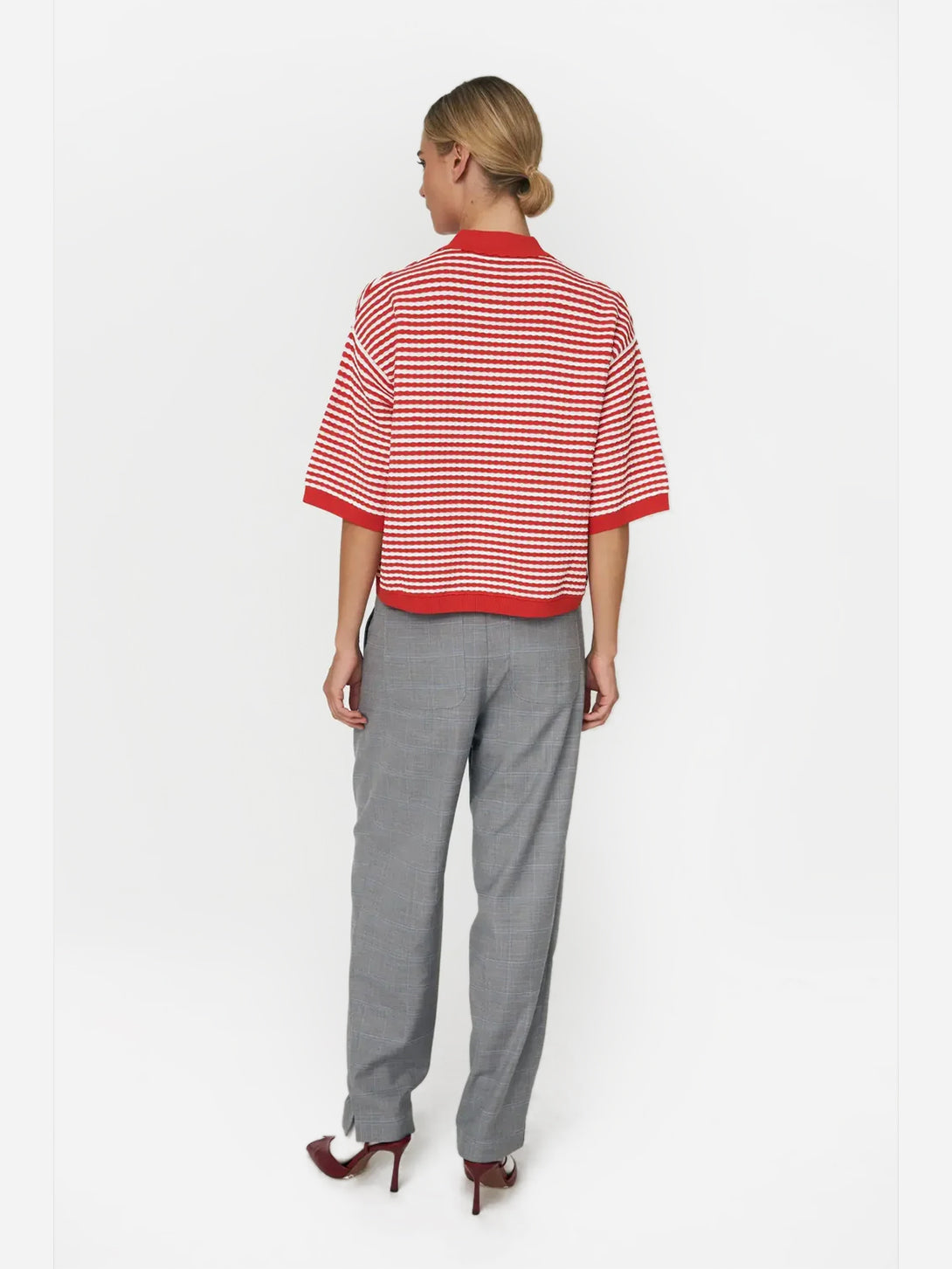 Red/Cream Stripe Polo Knit Womens Short Sleeve Striped Polo Shirt Stella Nova