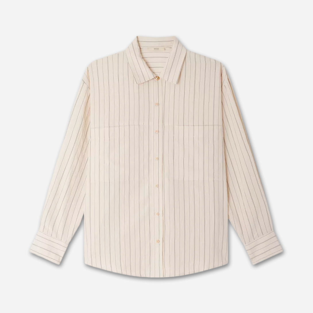 Tapioca San Juan Womens Sessun Button Up Collared Overshirt Striped Casual Woven Shirt