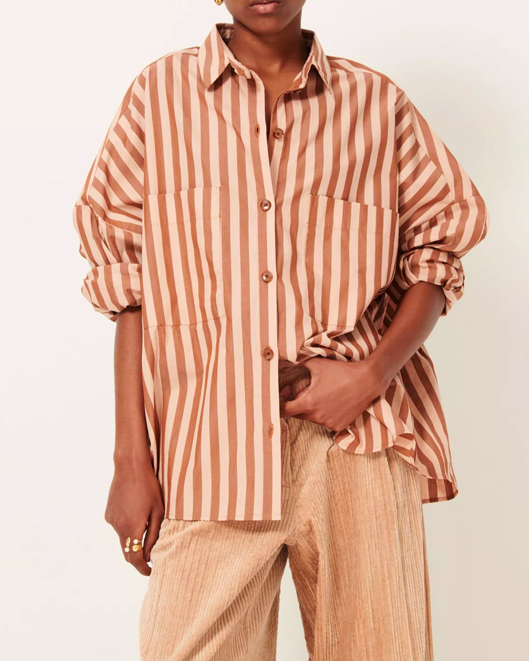 Toffee Blush Fontania Womens Sessun Striped Woven Overshirt Collared Long Sleeve Shirt