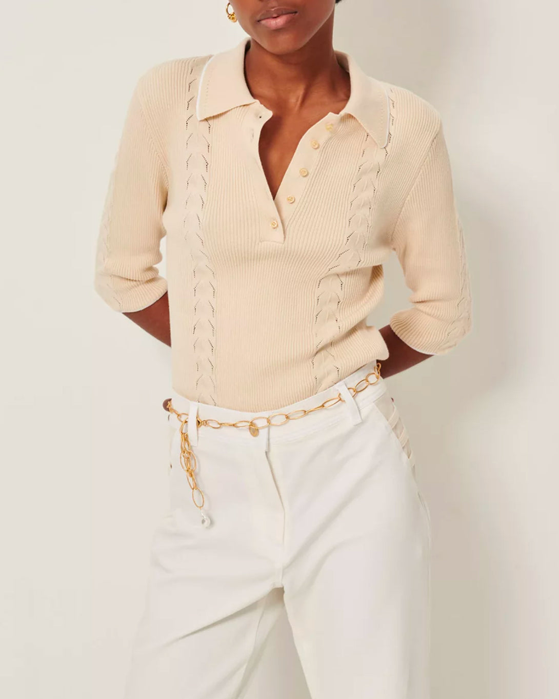 Tapioca Jodi Womens Sessun Knit Shirt Cotton Beige Collared Knitwear
