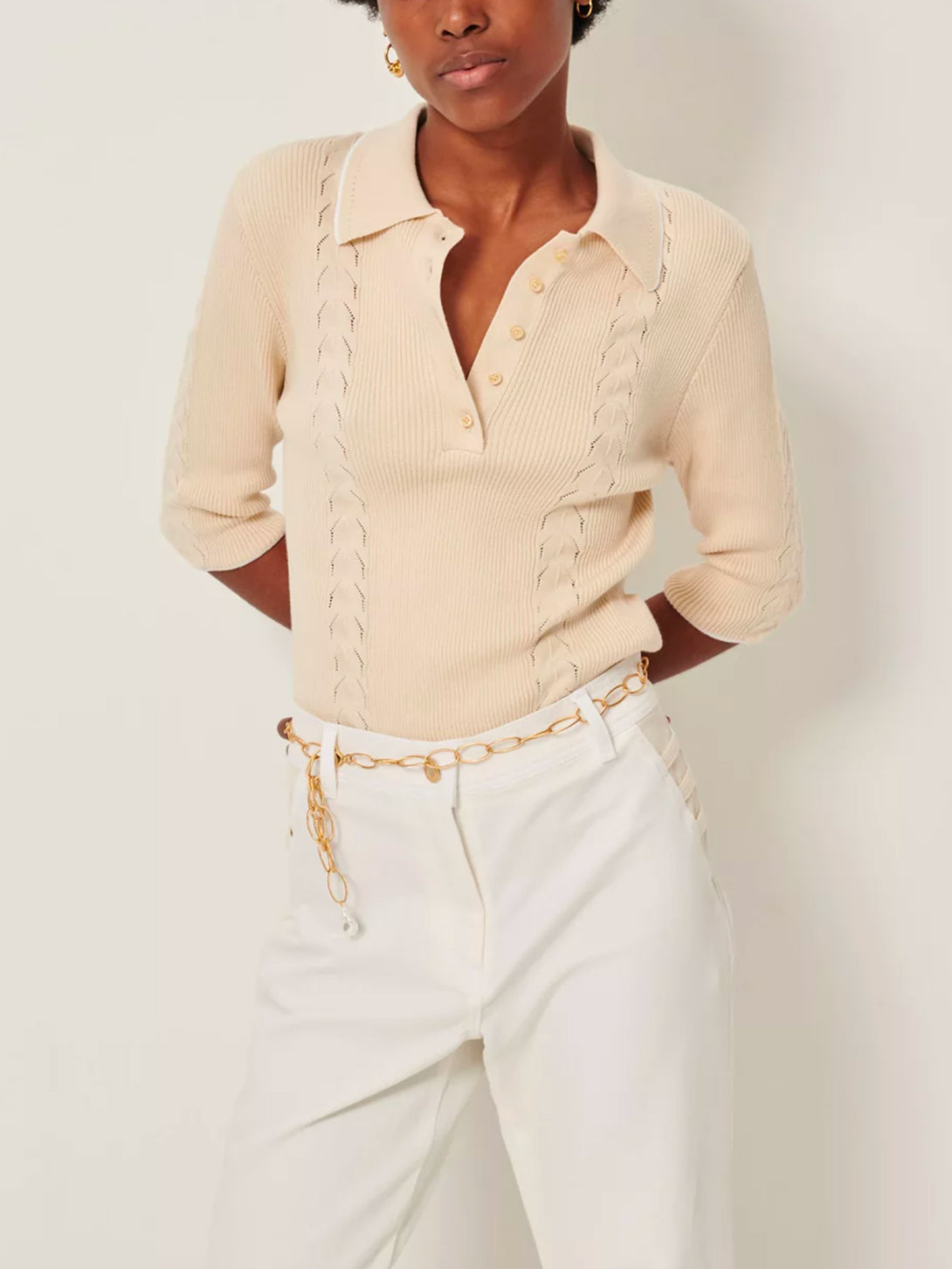 Tapioca Jodi Womens Sessun Knit Shirt Cotton Beige Collared Knitwear